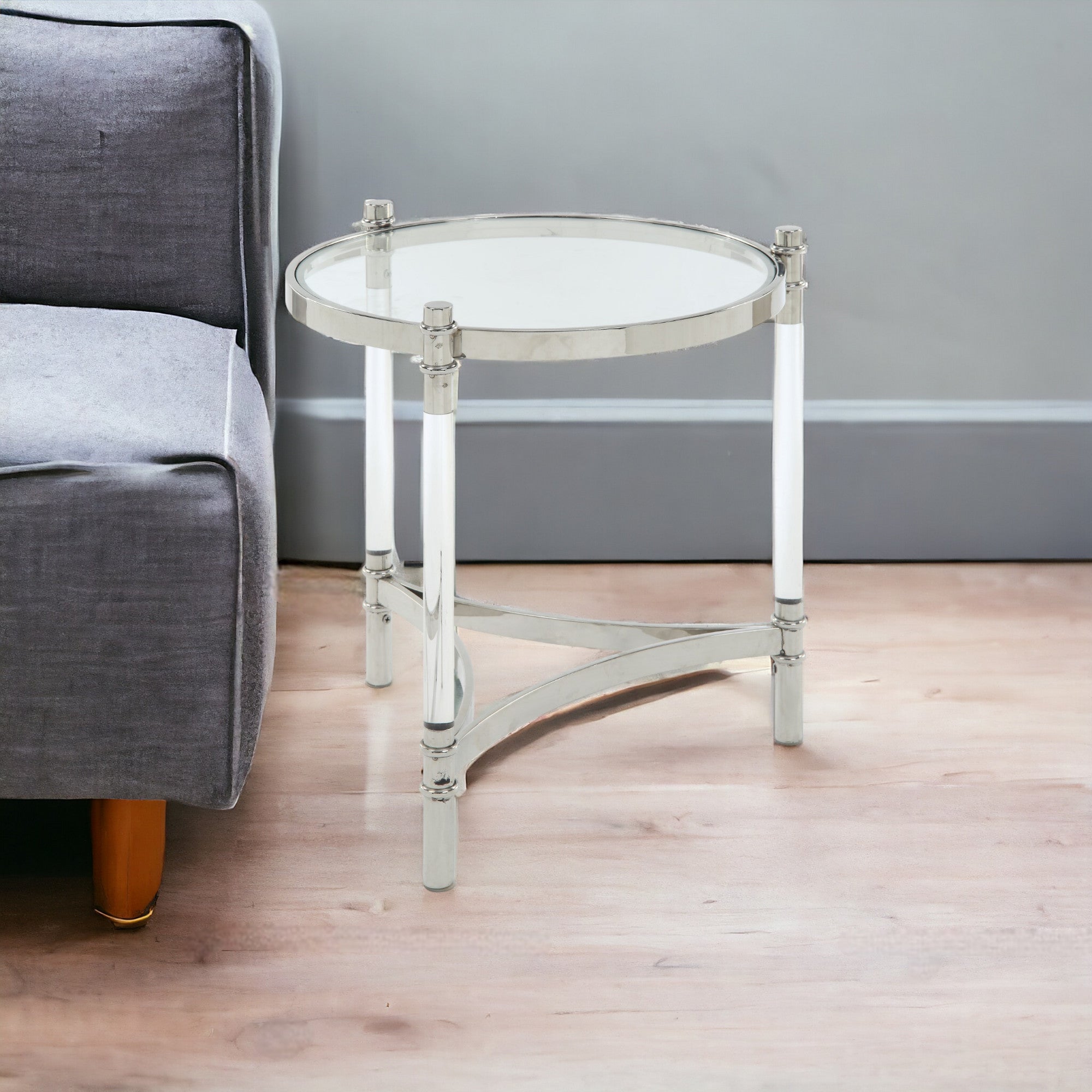 24" Silver And Clear Glass Round End Table-End-Side Tables-DECOROLALA