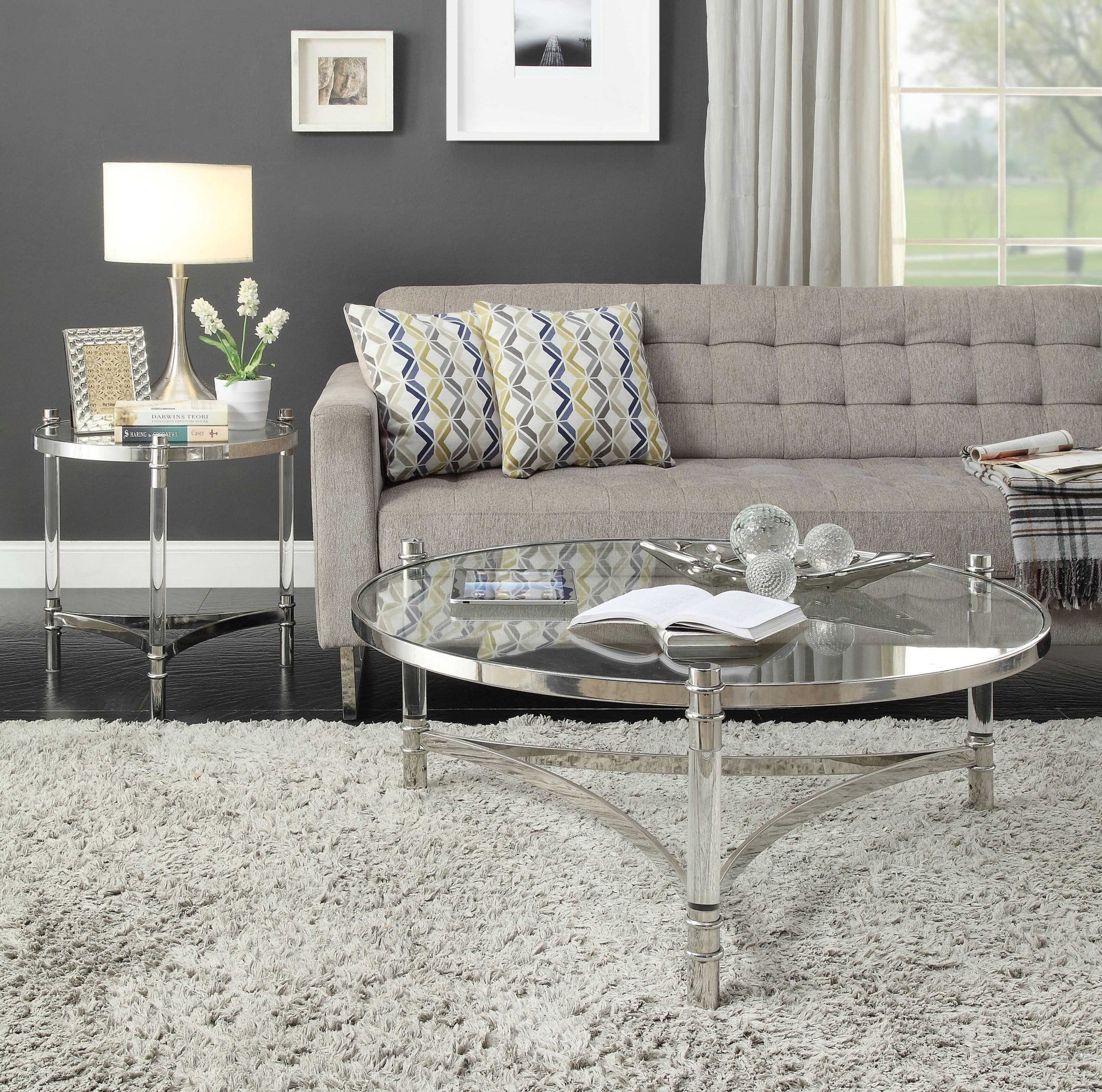 24" Silver And Clear Glass Round End Table-End-Side Tables-DECOROLALA