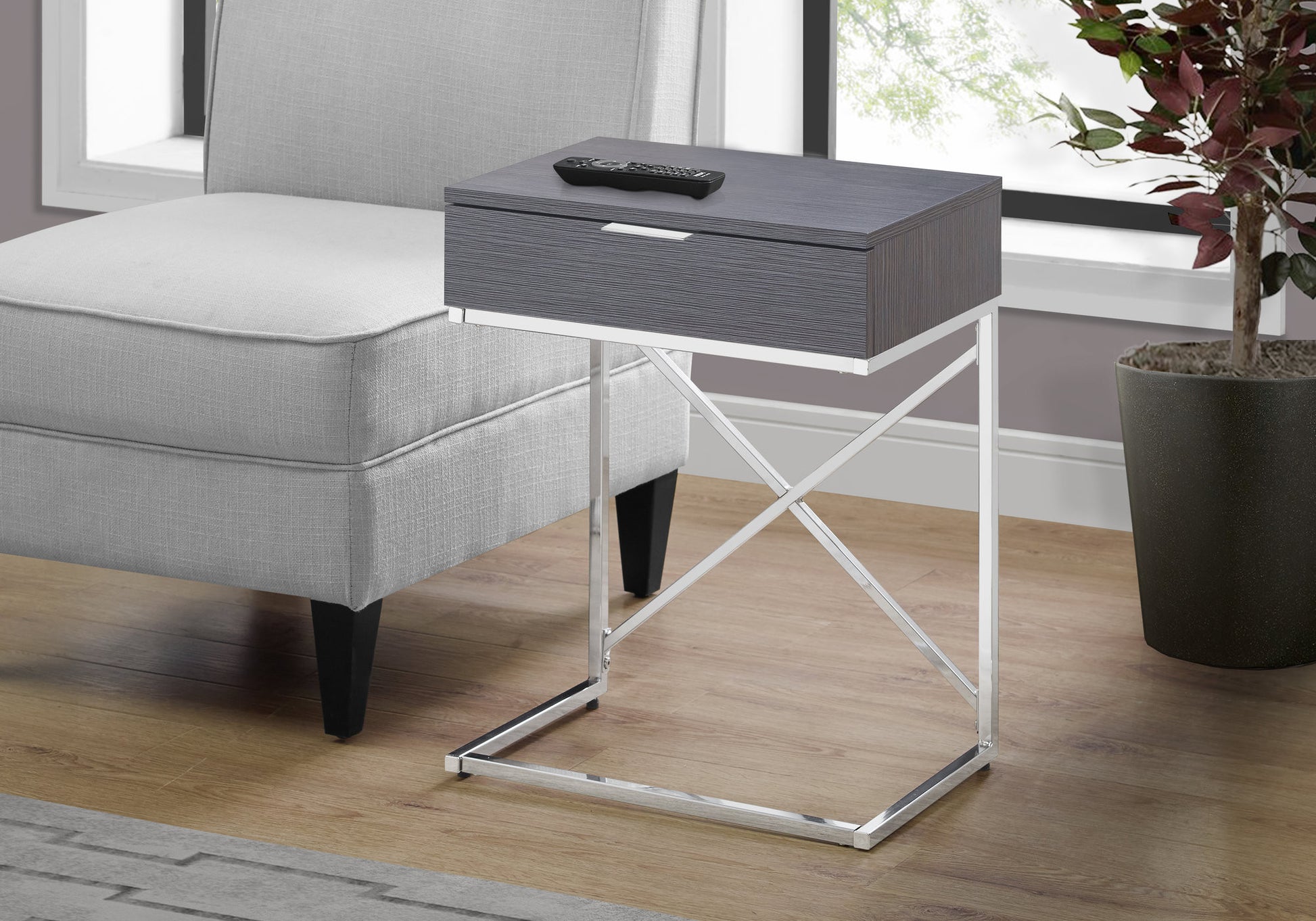 24" Silver And Gray Wood And Metal End Table With Drawer-End-Side Tables-DECOROLALA