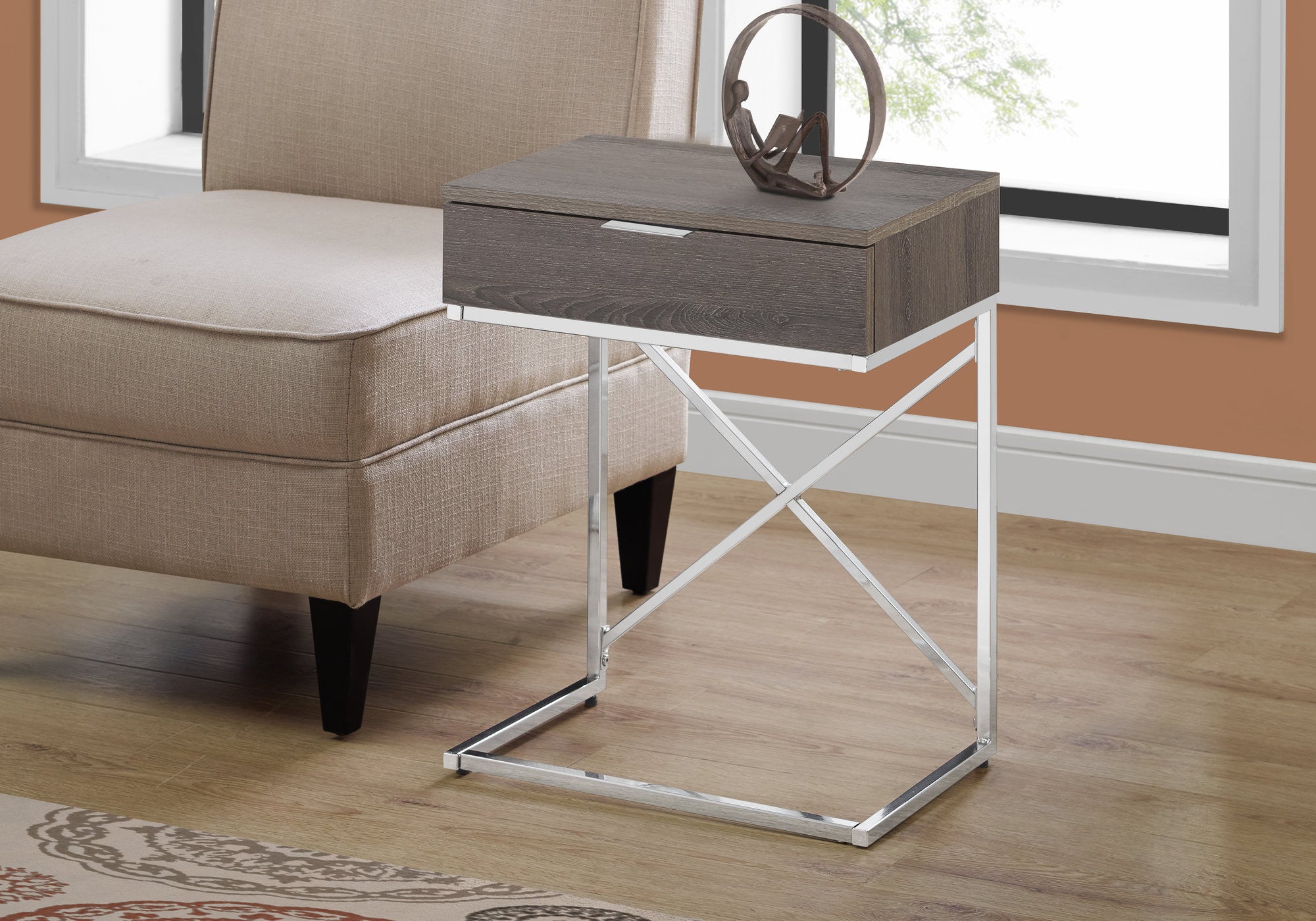 24" Silver And Gray Wood And Metal End Table With Drawer-End-Side Tables-DECOROLALA