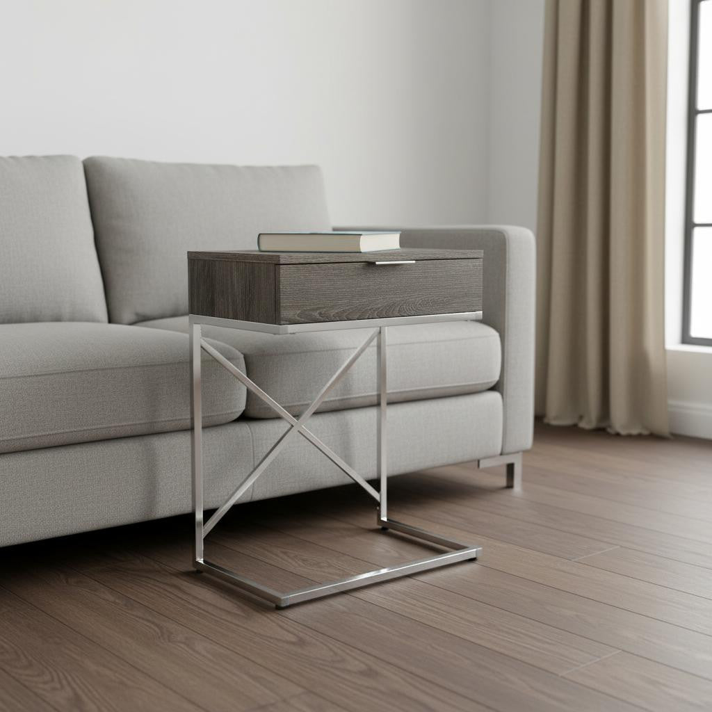 24" Silver And Gray Wood And Metal End Table With Drawer-End-Side Tables-DECOROLALA