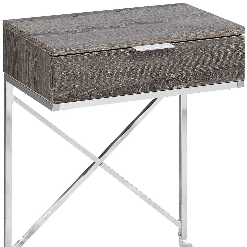 24" Silver And Gray Wood And Metal End Table With Drawer-End-Side Tables-DECOROLALA