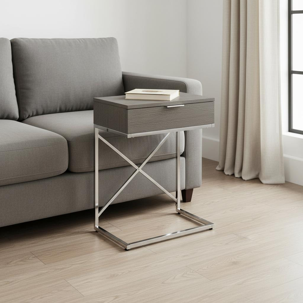 24" Silver And Gray Wood And Metal End Table With Drawer-End-Side Tables-DECOROLALA