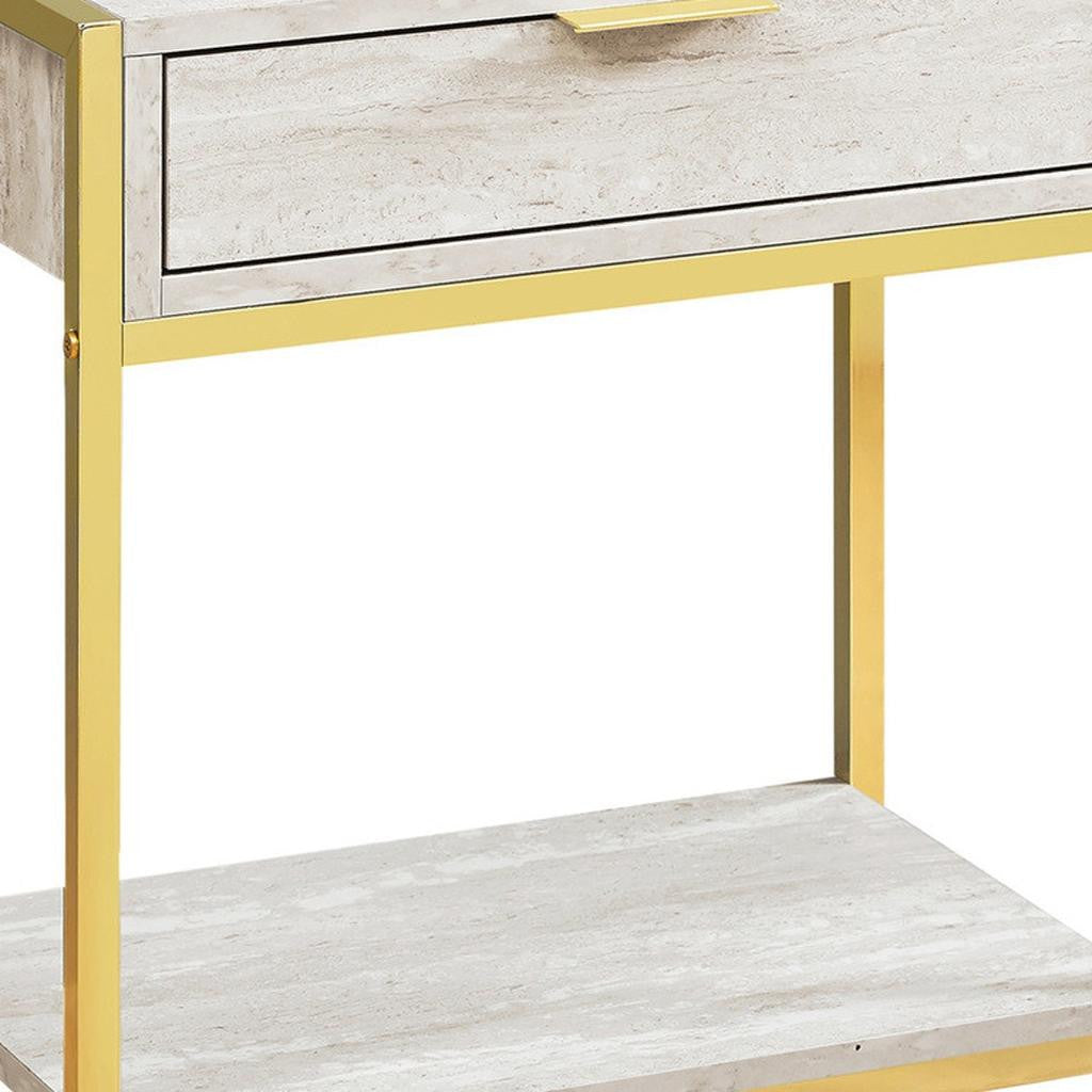 24" Silver And White Wood And Metal End Table With Drawer And Shelf-End-Side Tables-DECOROLALA