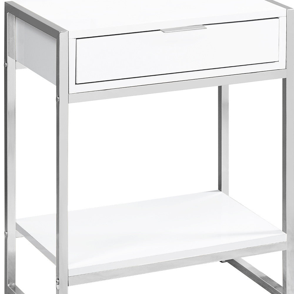 24" Silver And White Wood And Metal End Table With Drawer And Shelf-End-Side Tables-DECOROLALA
