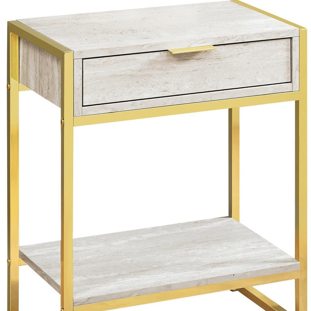 24" Silver And White Wood And Metal End Table With Drawer And Shelf-End-Side Tables-DECOROLALA