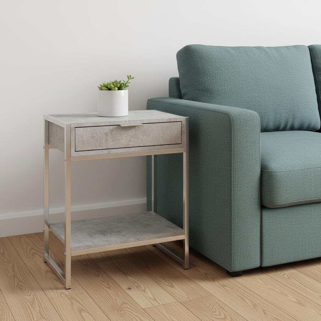24" Silver And White Wood And Metal End Table With Drawer And Shelf-End-Side Tables-DECOROLALA