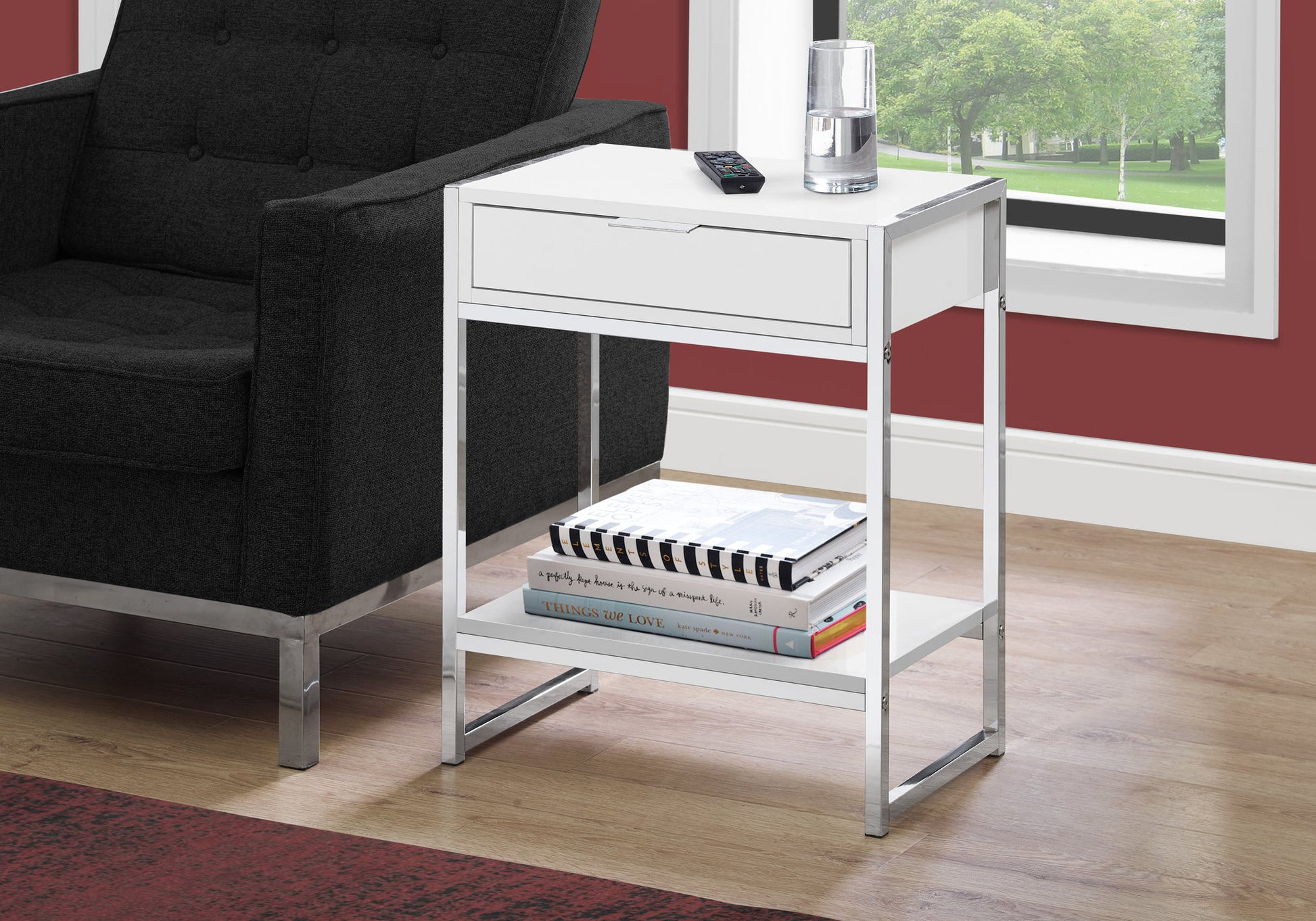 24" Silver And White Wood And Metal End Table With Drawer And Shelf-End-Side Tables-DECOROLALA