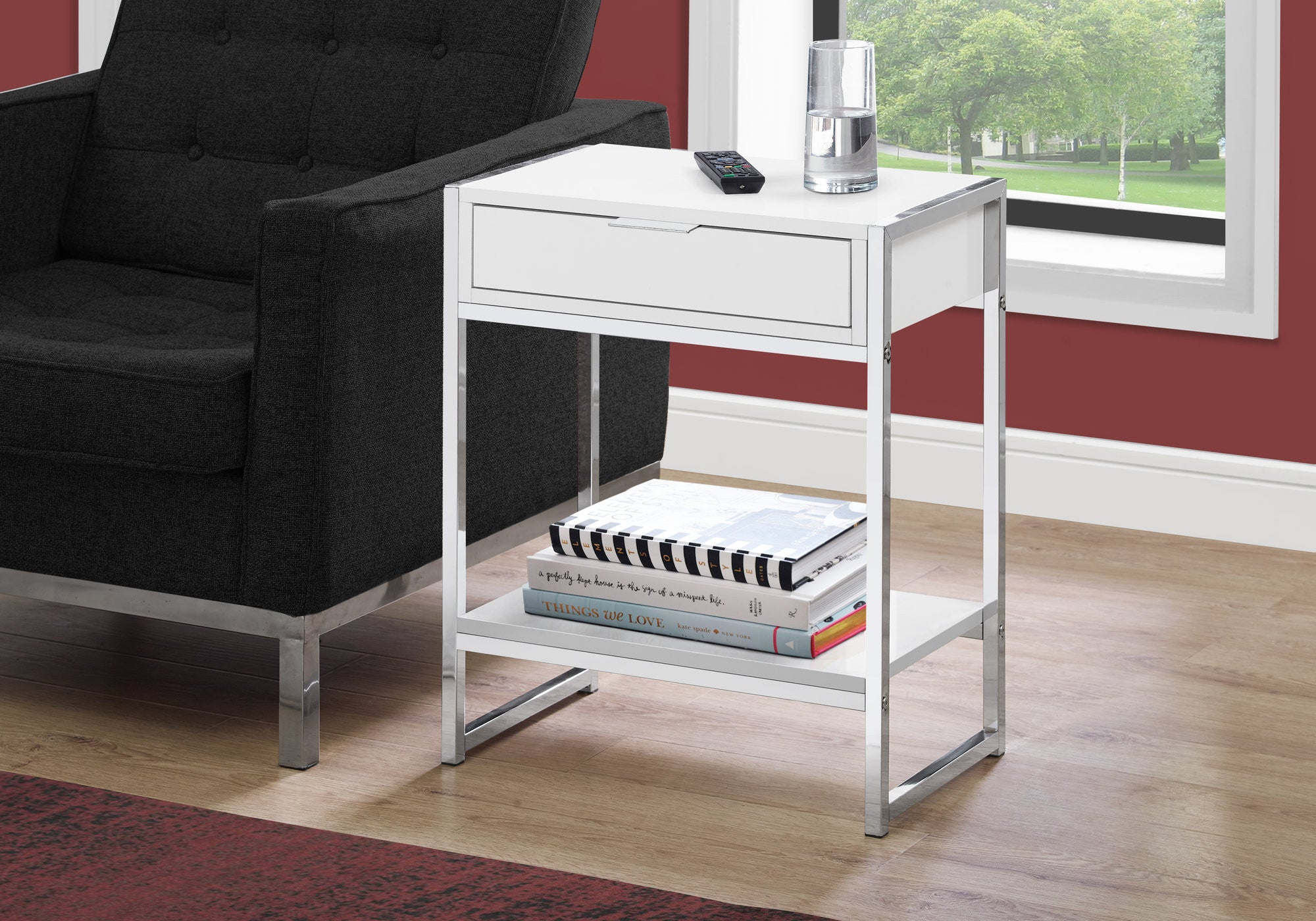 24" Silver And White Wood And Metal End Table With Drawer And Shelf-End-Side Tables-DECOROLALA
