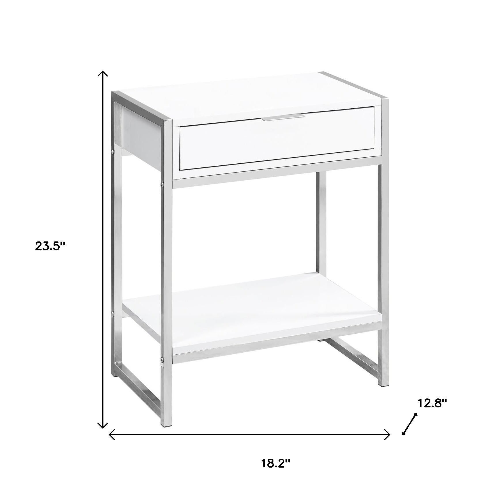 24" Silver And White Wood And Metal End Table With Drawer And Shelf-End-Side Tables-DECOROLALA
