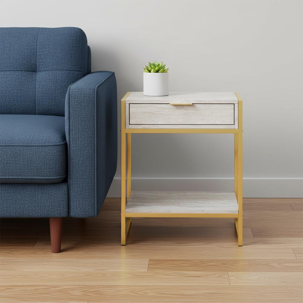 24" Silver And White Wood And Metal End Table With Drawer And Shelf-End-Side Tables-DECOROLALA