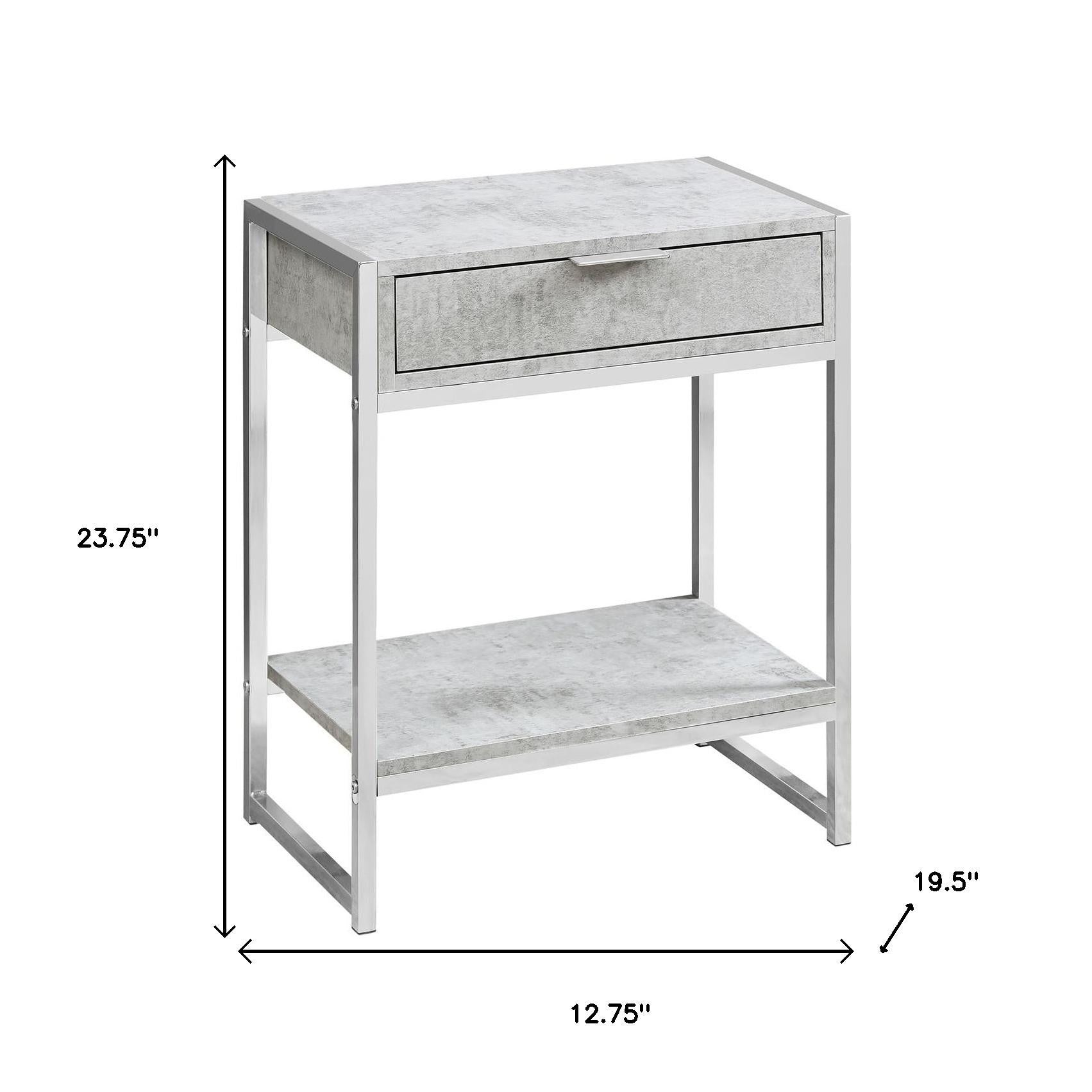 24" Silver And White Wood And Metal End Table With Drawer And Shelf-End-Side Tables-DECOROLALA