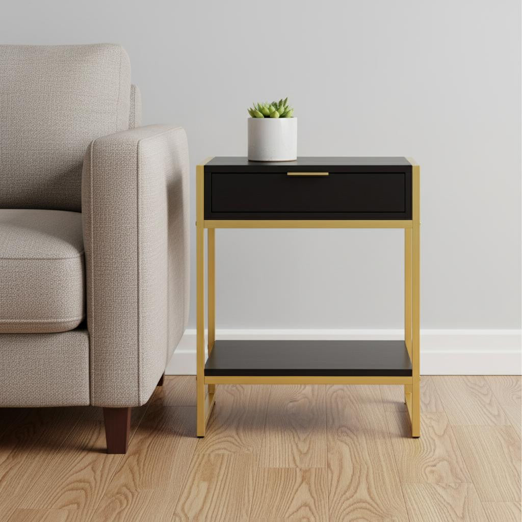 24" Silver And White Wood And Metal End Table With Drawer And Shelf-End-Side Tables-DECOROLALA