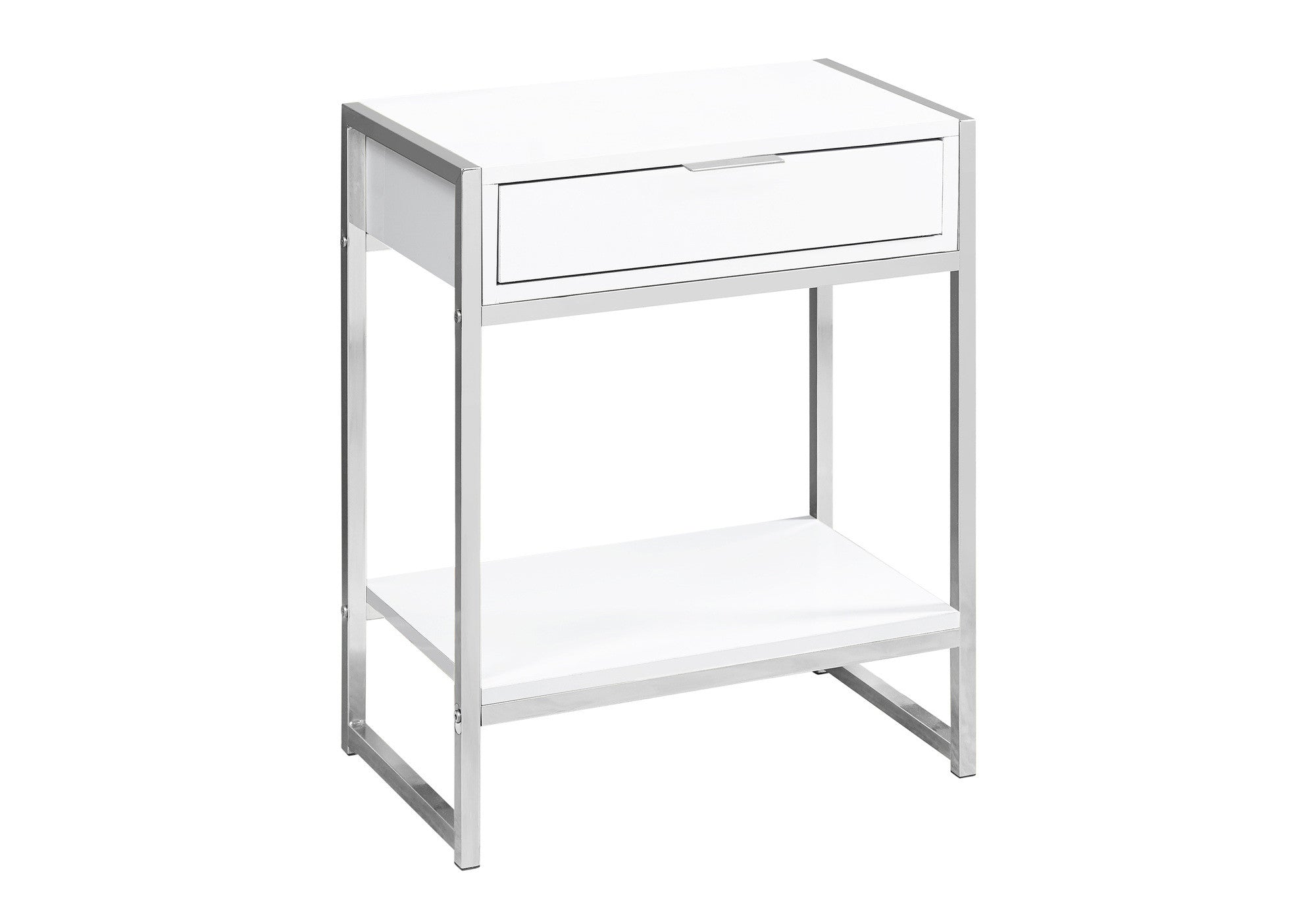 24" Silver And White Wood And Metal End Table With Drawer And Shelf-End-Side Tables-DECOROLALA