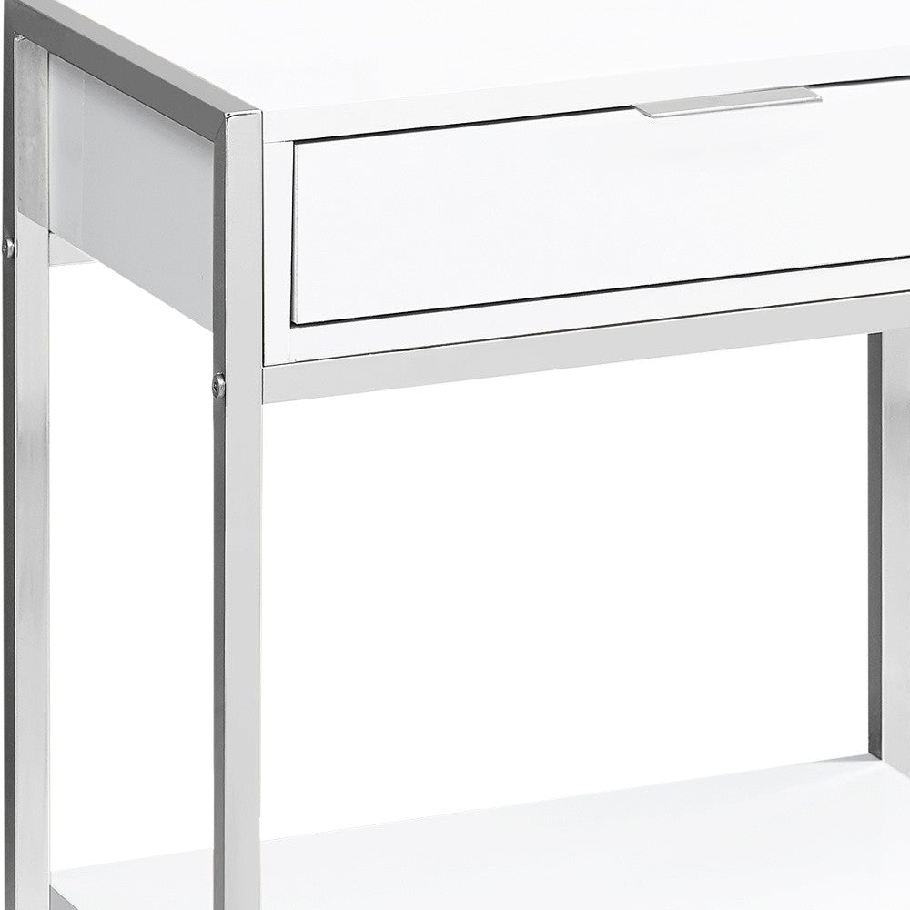 24" Silver And White Wood And Metal End Table With Drawer And Shelf-End-Side Tables-DECOROLALA