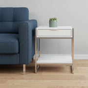 24" Silver And White Wood And Metal End Table With Drawer And Shelf-End-Side Tables-DECOROLALA