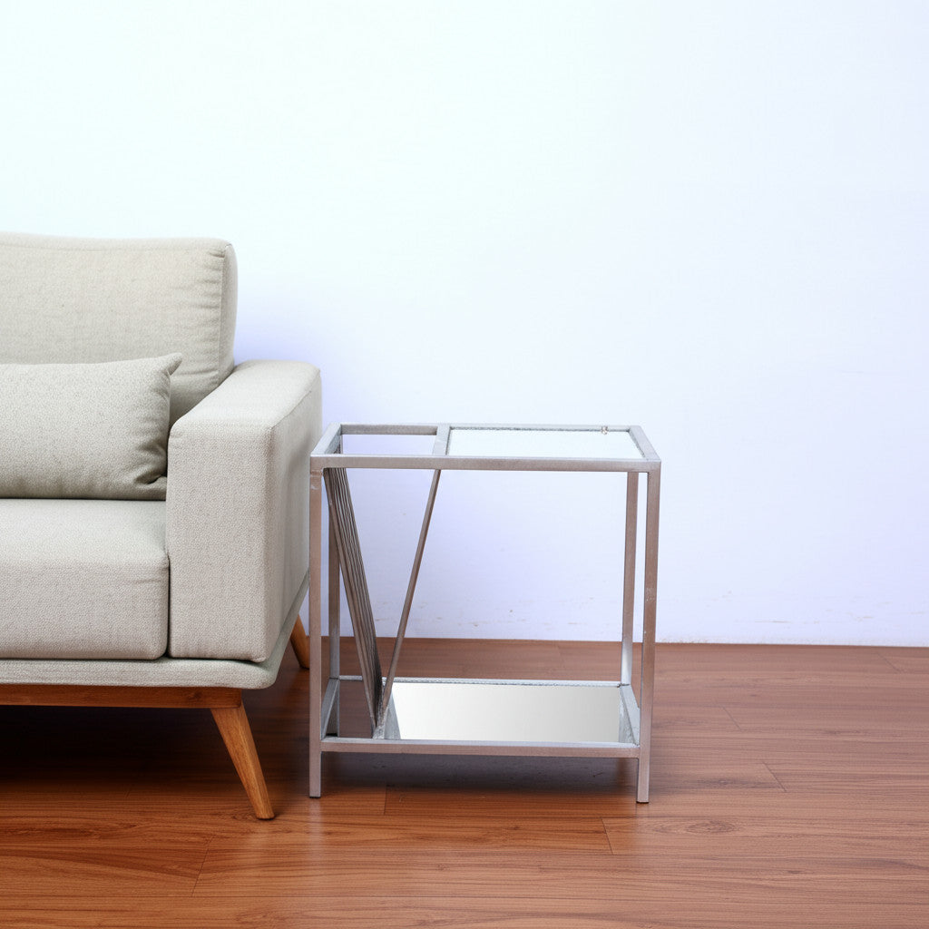 24" Silver Mirrored Glass And Iron End Table With Shelf-End-Side Tables-DECOROLALA