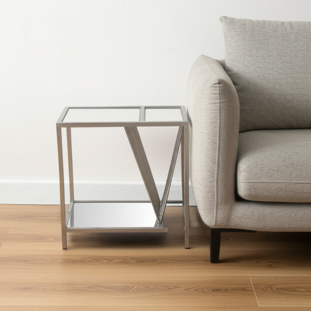 24" Silver Mirrored Glass And Iron End Table With Shelf-End-Side Tables-DECOROLALA