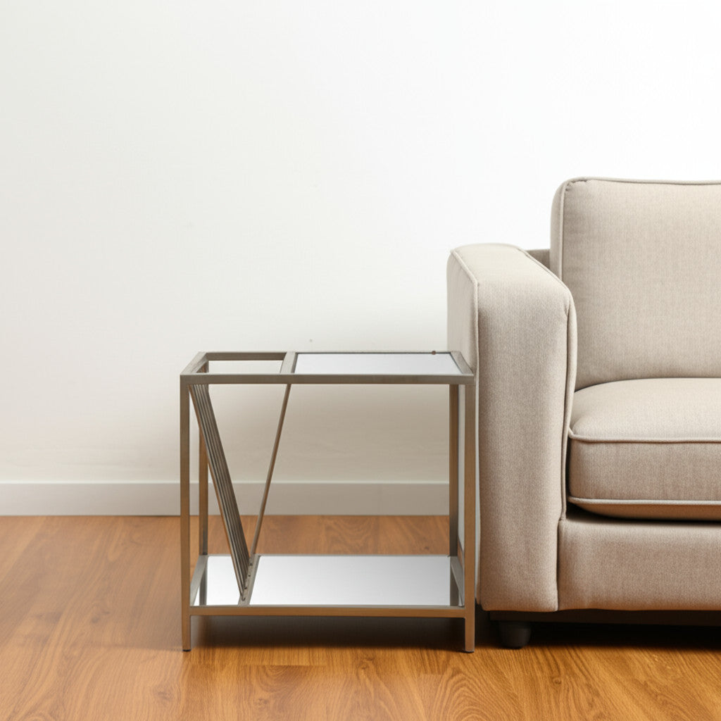 24" Silver Mirrored Glass And Iron End Table With Shelf-End-Side Tables-DECOROLALA