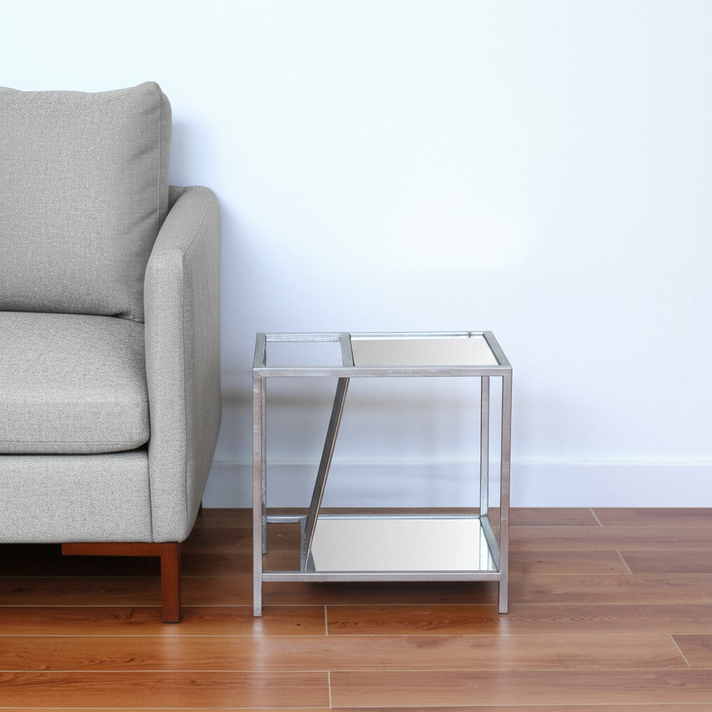 24" Silver Mirrored Glass And Iron End Table With Shelf-End-Side Tables-DECOROLALA