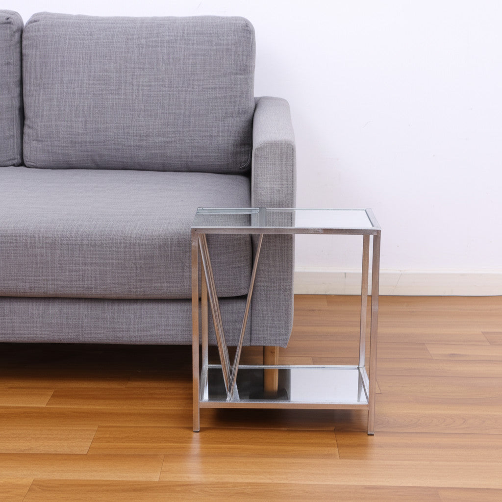 24" Silver Mirrored Glass And Iron End Table With Shelf-End-Side Tables-DECOROLALA