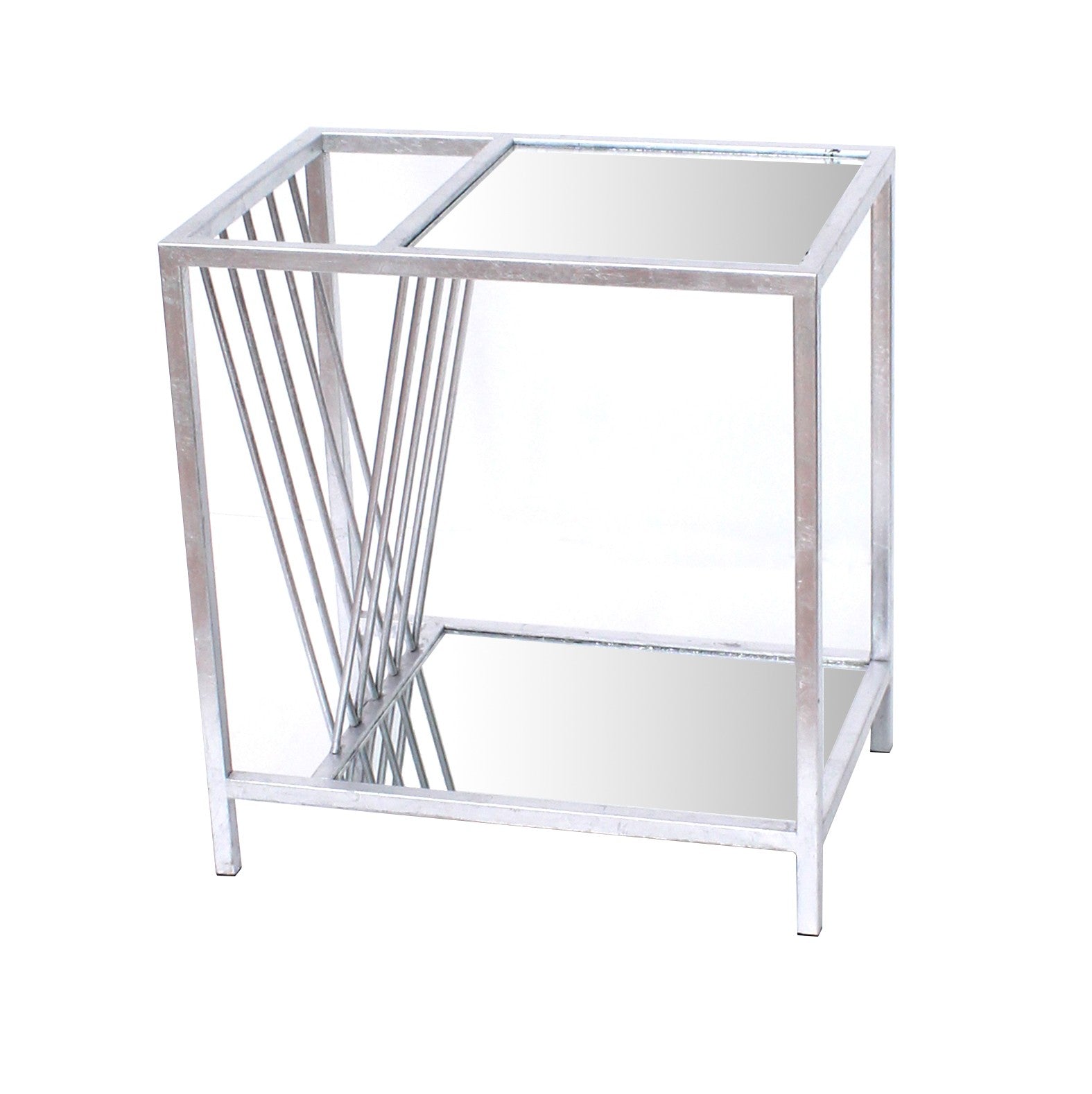 24" Silver Mirrored Glass And Iron End Table With Shelf-End-Side Tables-DECOROLALA