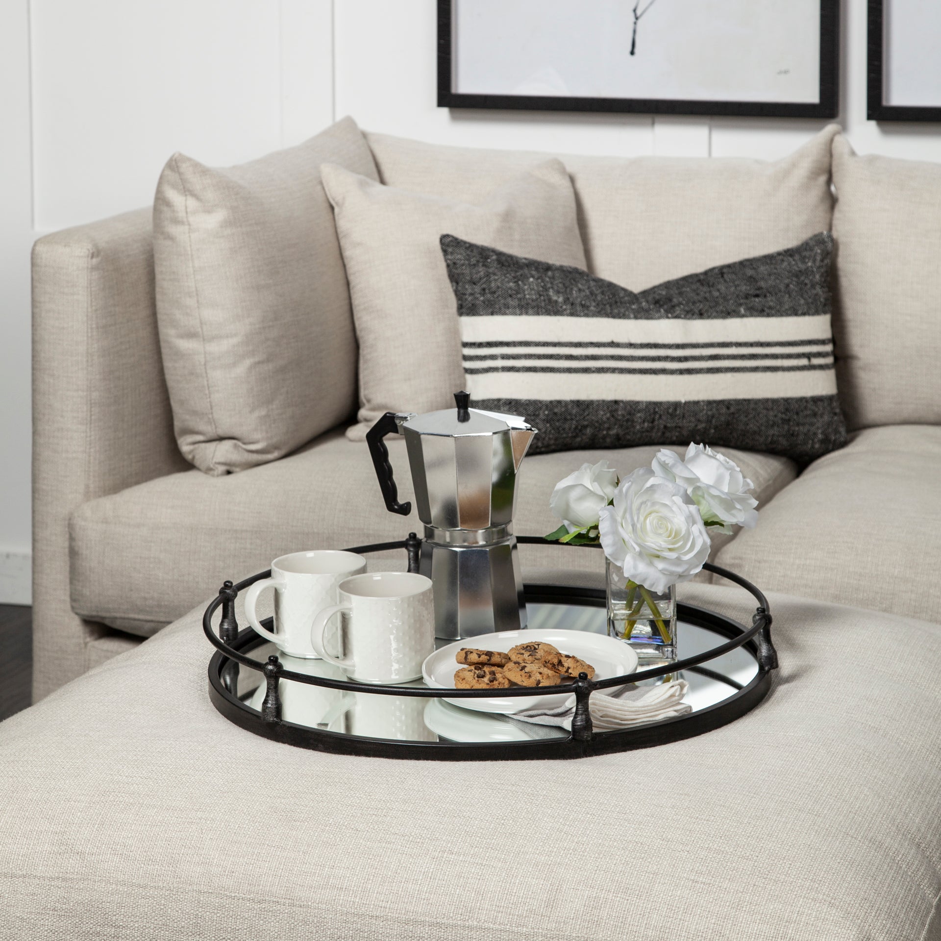 24" Silver Round Metal Indoor Outdoor Tray With Handles-Trays-DECOROLALA