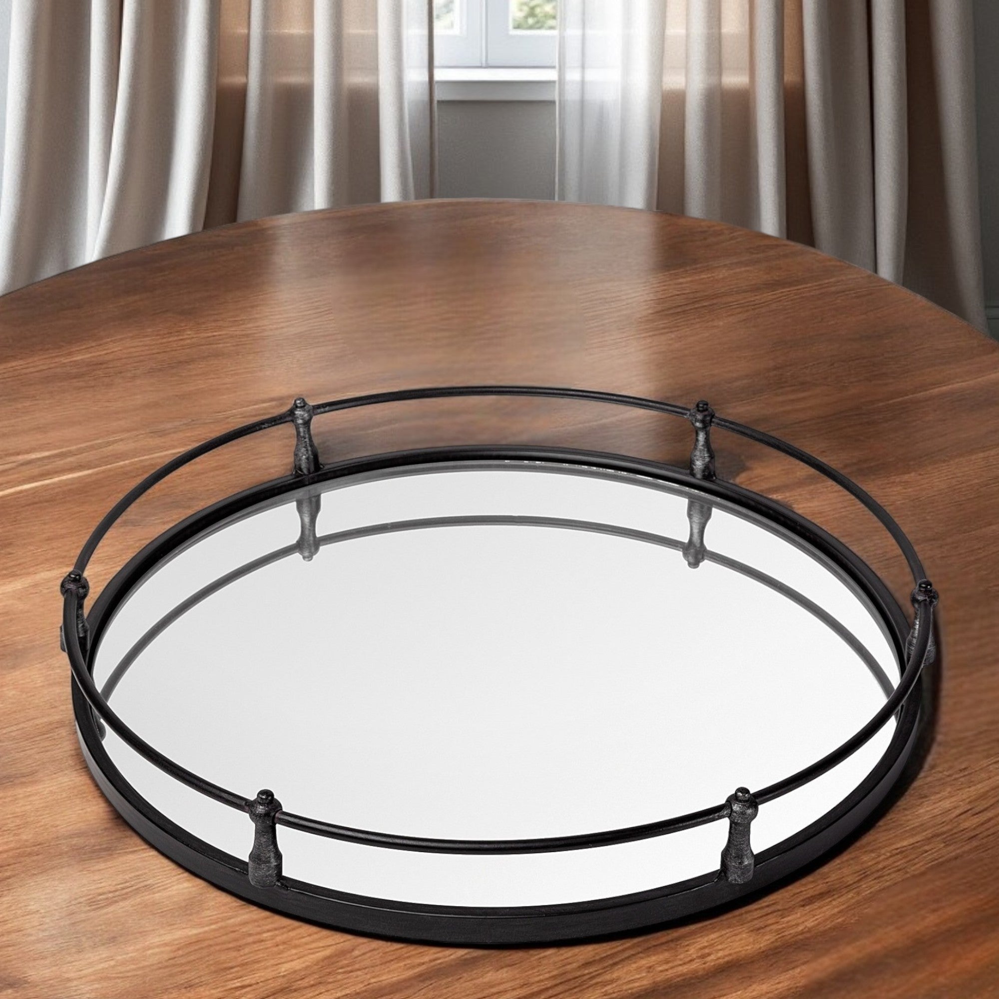 24" Silver Round Metal Indoor Outdoor Tray With Handles-Trays-DECOROLALA