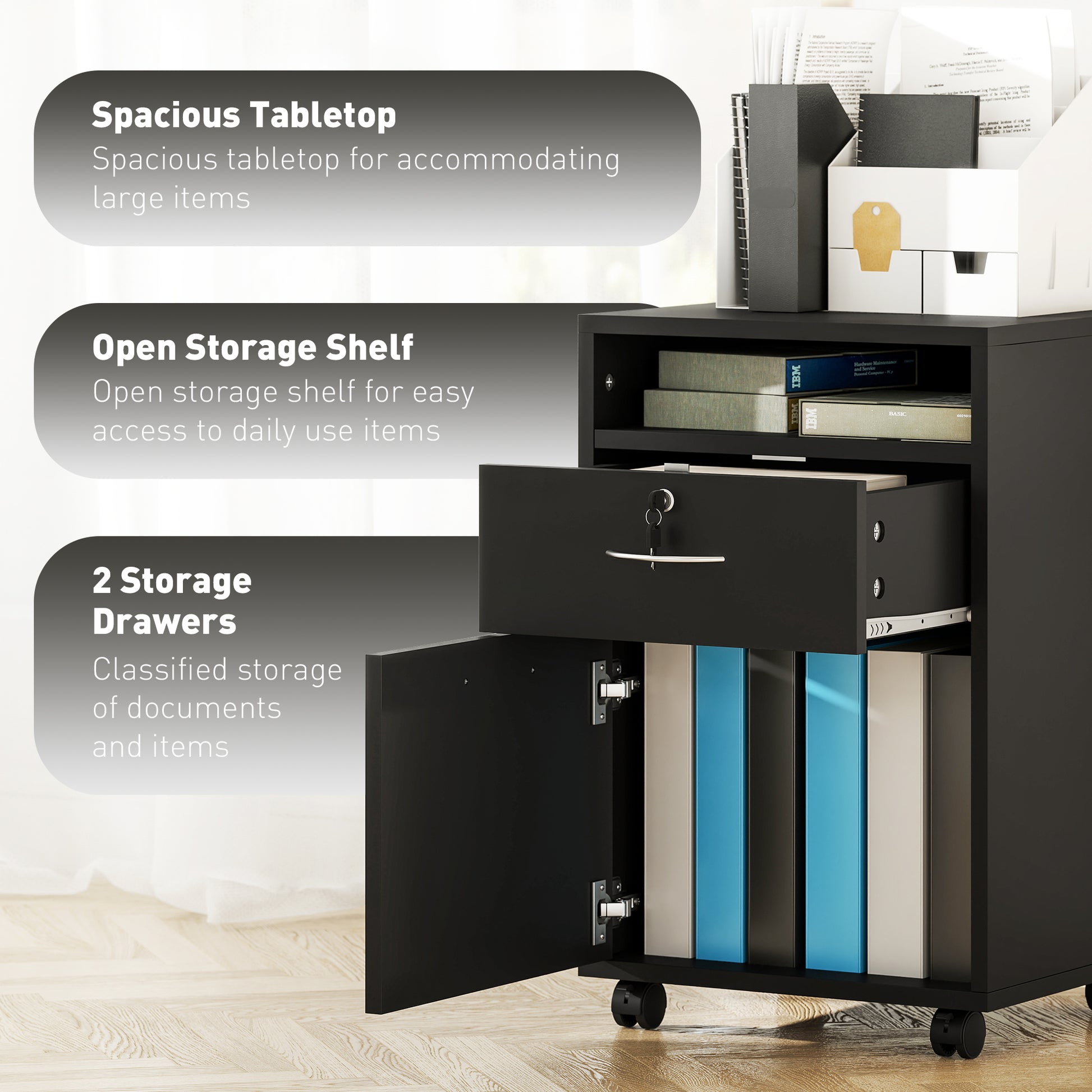 24" Small Filing Cabinet with Open Compartment, Drawer and Wheels, Home Office Storage Cabinet, Black-Office Products > Office Furniture > Office Cabinets & Cupboards-DECOROLALA