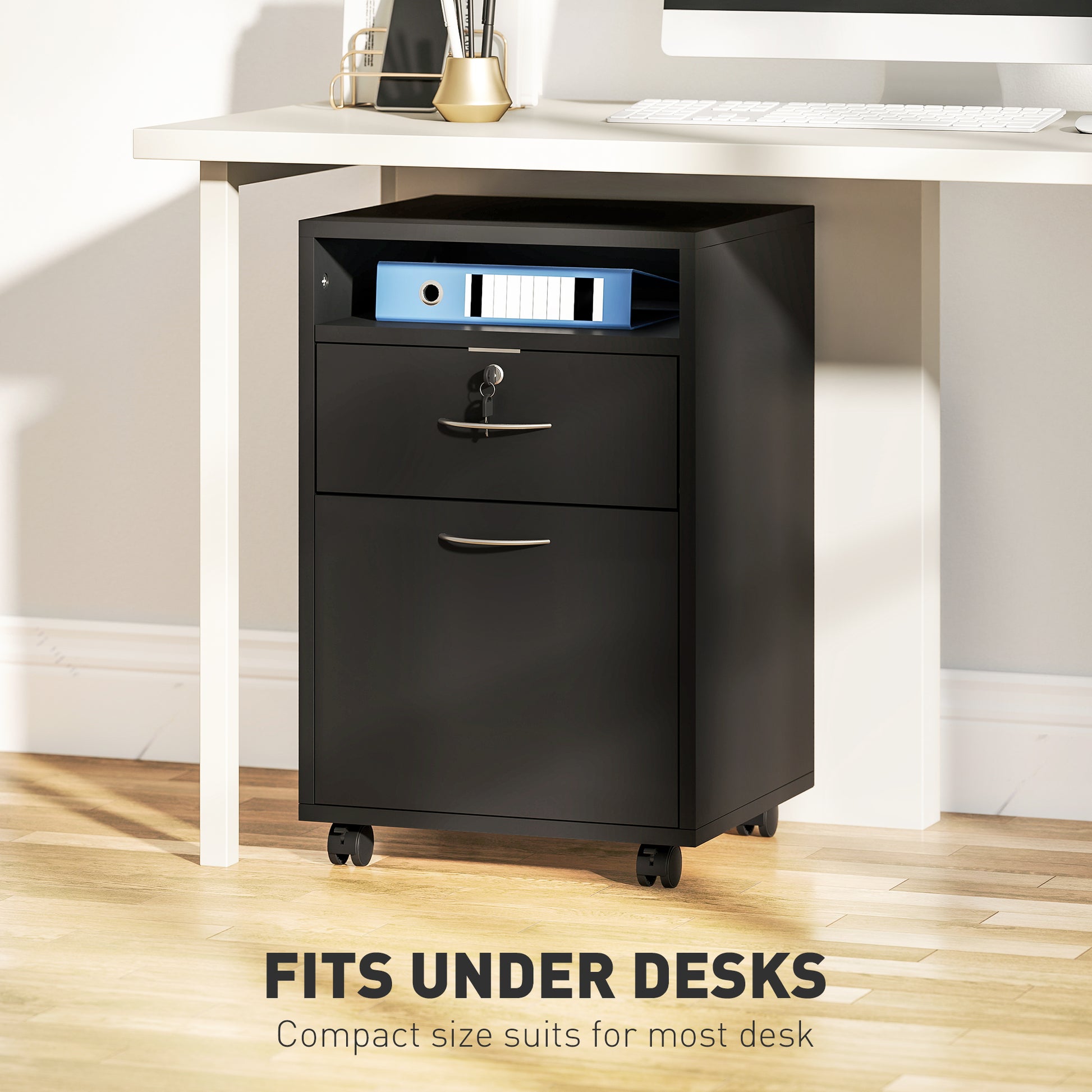 24" Small Filing Cabinet with Open Compartment, Drawer and Wheels, Home Office Storage Cabinet, Black-Office Products > Office Furniture > Office Cabinets & Cupboards-DECOROLALA