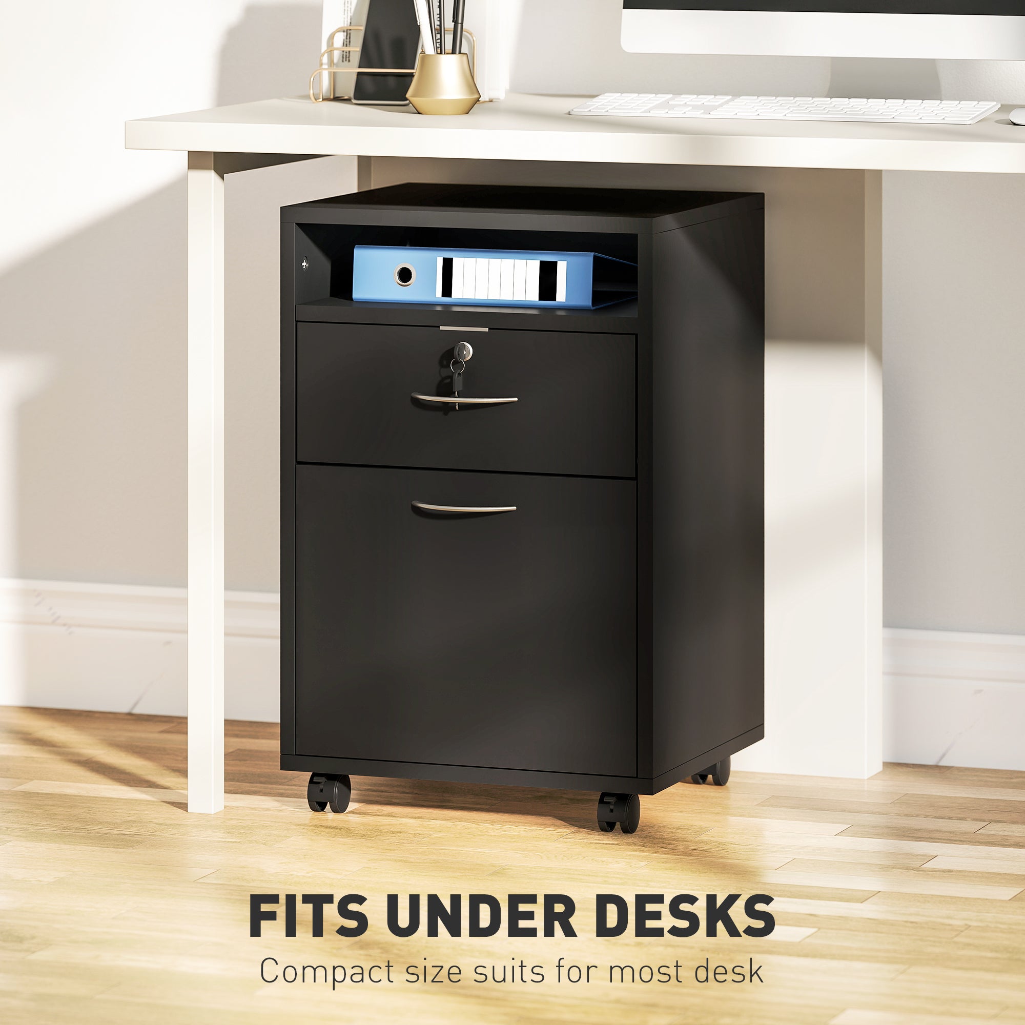 24" Small Filing Cabinet with Open Compartment, Drawer and Wheels, Home Office Storage Cabinet, Black-Office Products > Office Furniture > Office Cabinets & Cupboards-DECOROLALA