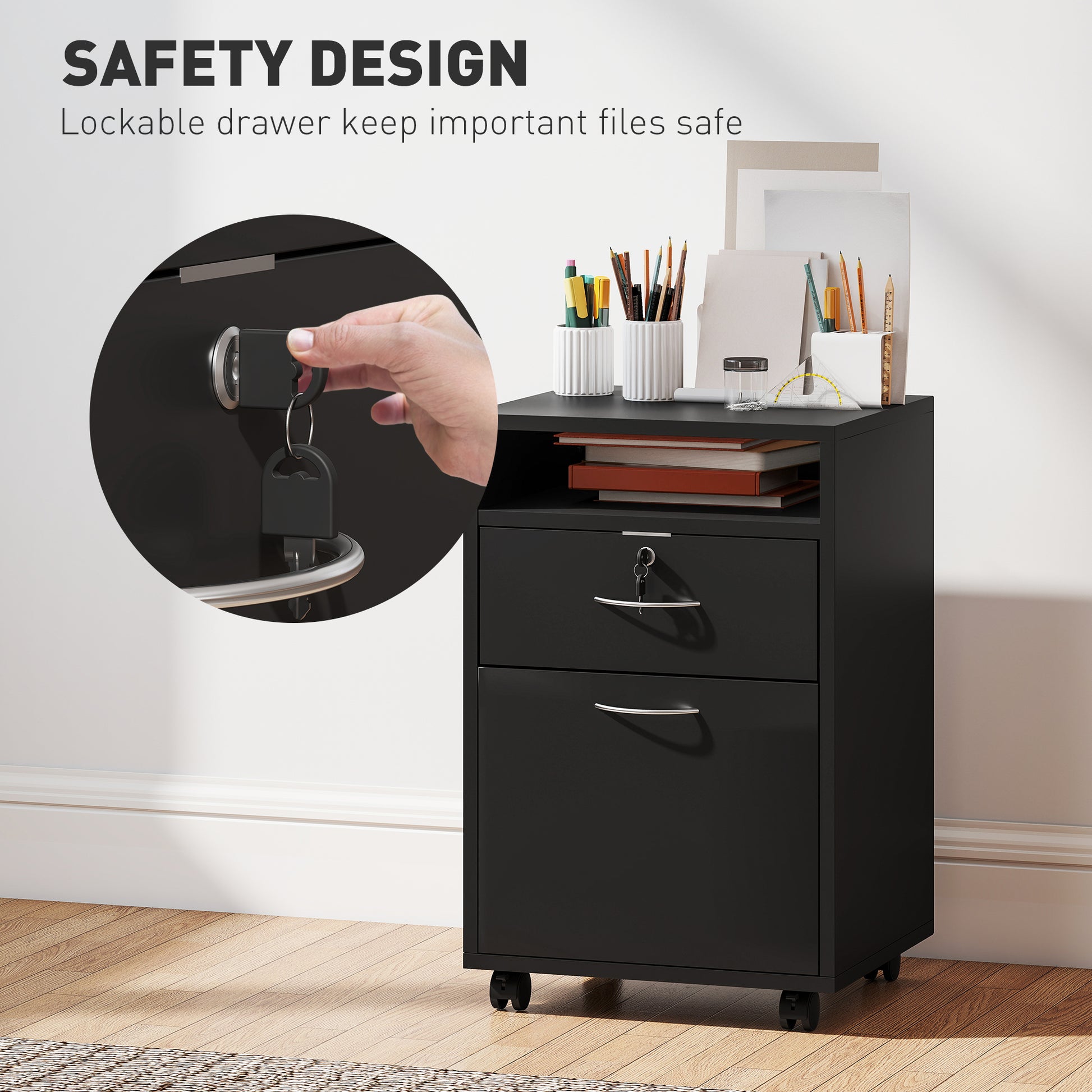 24" Small Filing Cabinet with Open Compartment, Drawer and Wheels, Home Office Storage Cabinet, Black-Office Products > Office Furniture > Office Cabinets & Cupboards-DECOROLALA