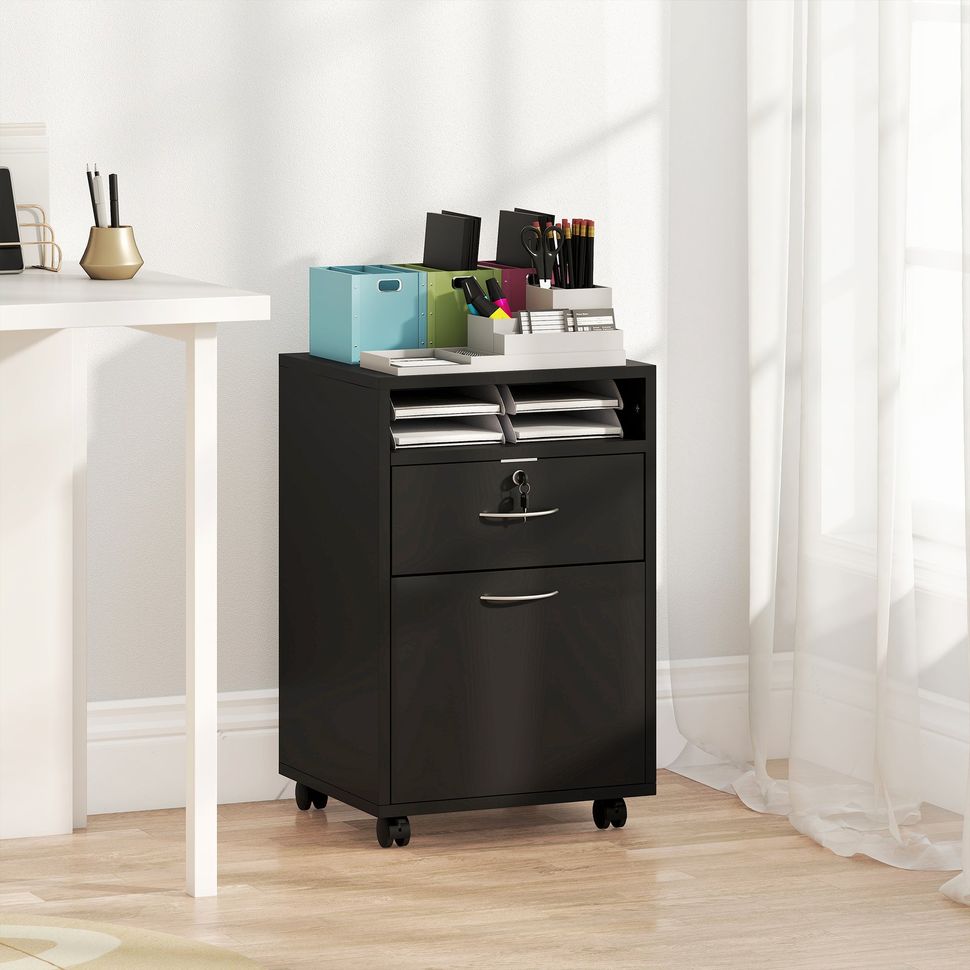 24" Small Filing Cabinet with Open Compartment, Drawer and Wheels, Home Office Storage Cabinet, Black-Office Products > Office Furniture > Office Cabinets & Cupboards-DECOROLALA
