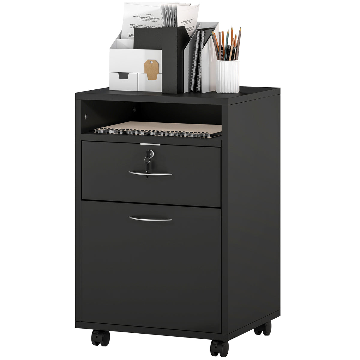 24" Small Filing Cabinet with Open Compartment, Drawer and Wheels, Home Office Storage Cabinet, Black-Office Storage Cabinets-DECOROLALA