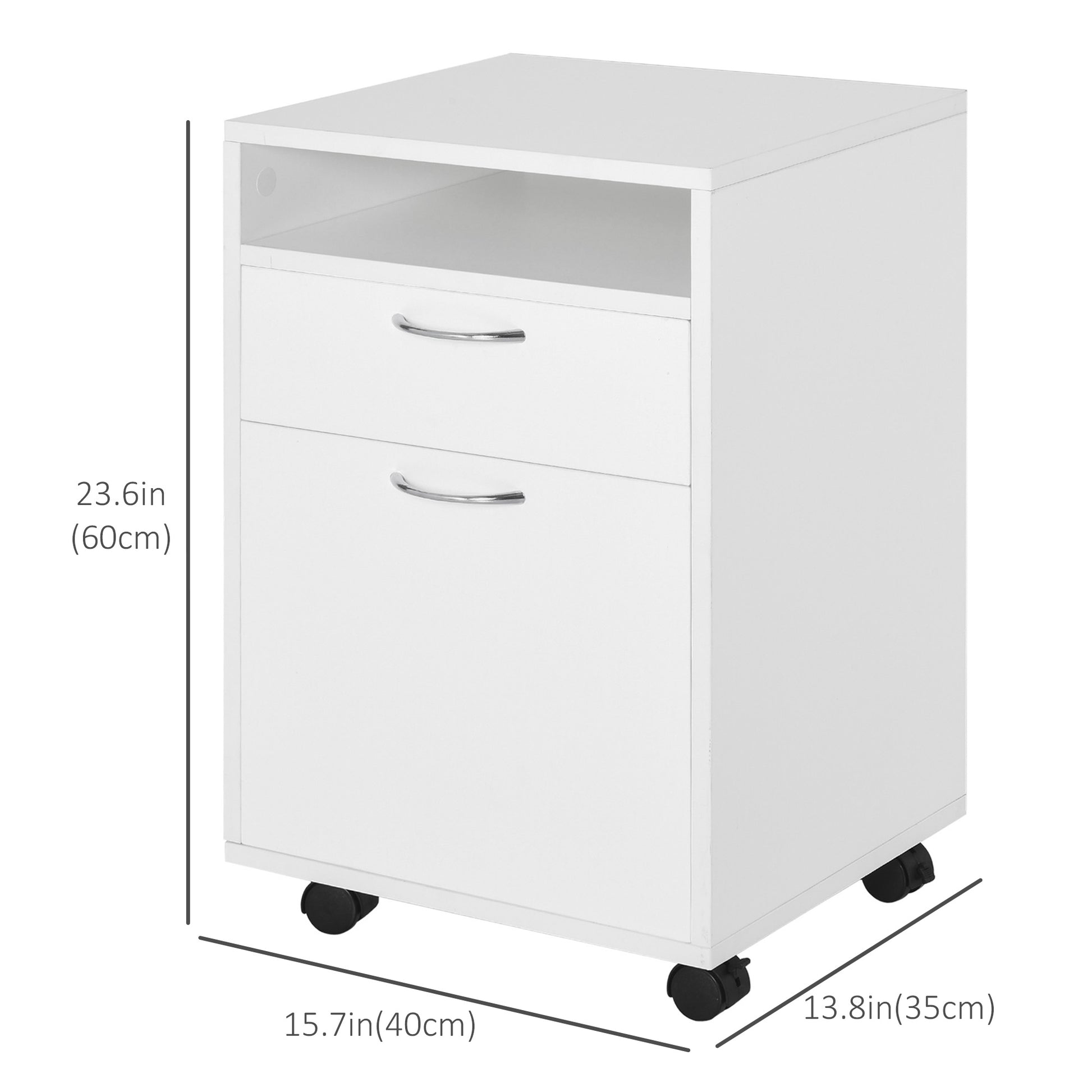 24" Small Filing Cabinet with Open Compartment, Drawer and Wheels, Home Office Storage Cabinet, White-Office Products > Office Furniture > Office Cabinets & Cupboards-DECOROLALA