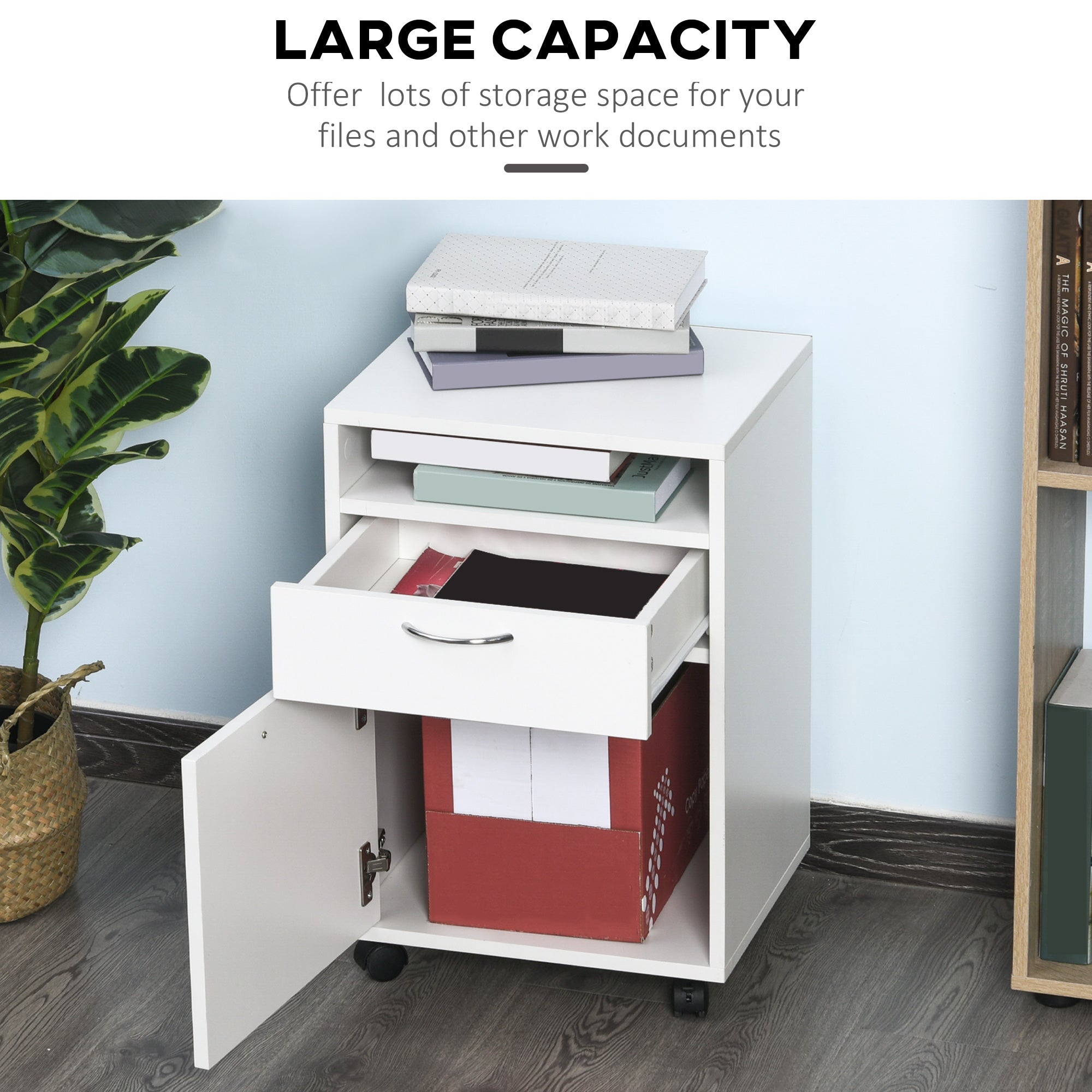 24" Small Filing Cabinet with Open Compartment, Drawer and Wheels, Home Office Storage Cabinet, White-Office Products > Office Furniture > Office Cabinets & Cupboards-DECOROLALA