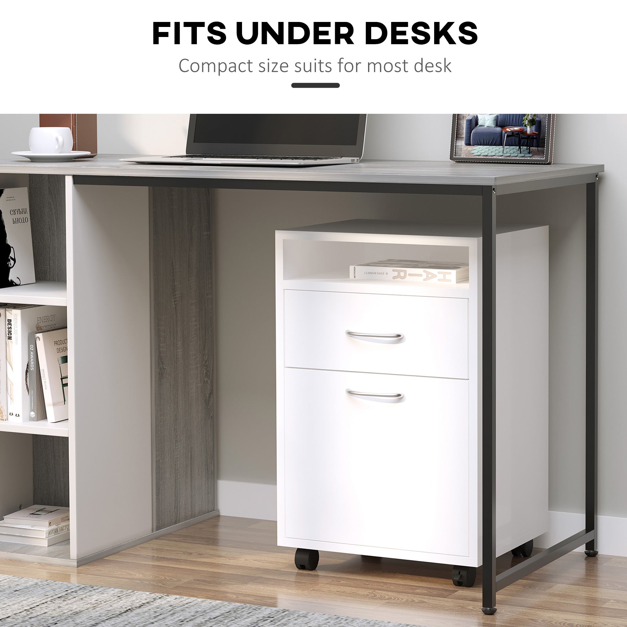 24" Small Filing Cabinet with Open Compartment, Drawer and Wheels, Home Office Storage Cabinet, White-Office Products > Office Furniture > Office Cabinets & Cupboards-DECOROLALA