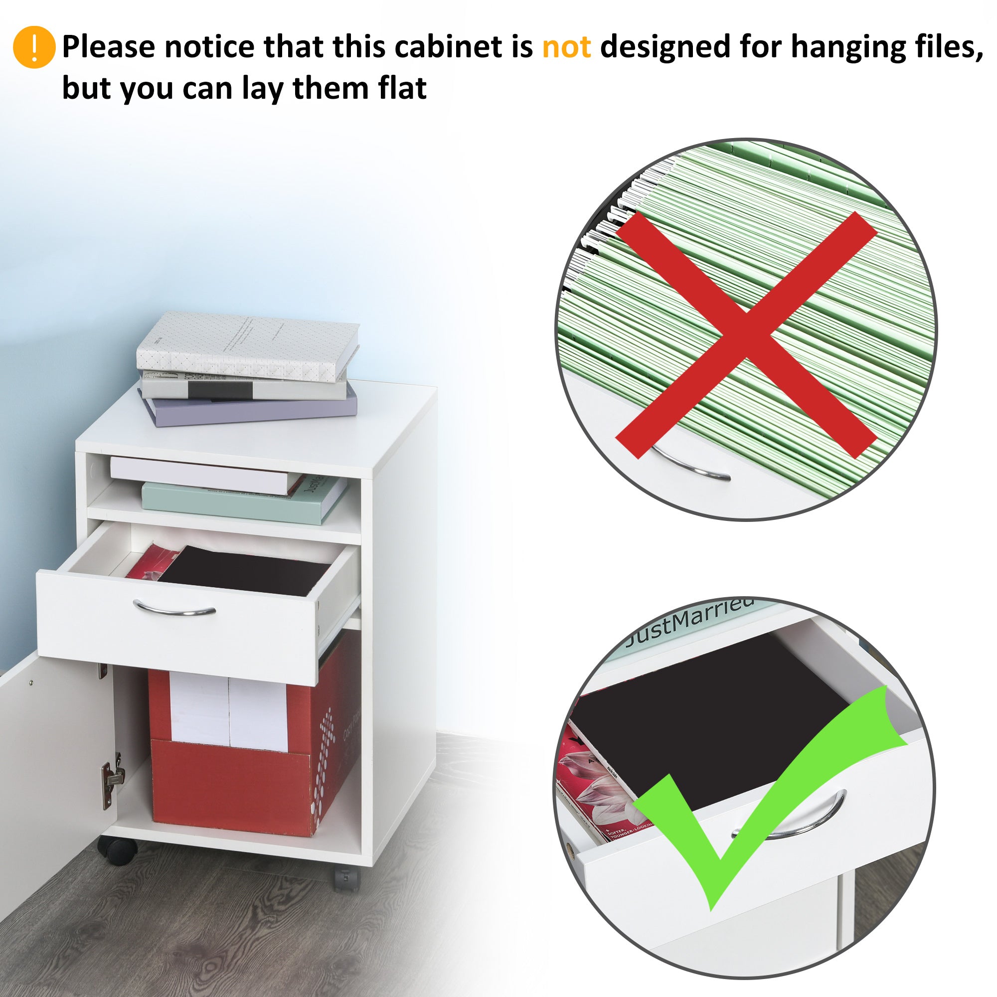 24" Small Filing Cabinet with Open Compartment, Drawer and Wheels, Home Office Storage Cabinet, White-Office Products > Office Furniture > Office Cabinets & Cupboards-DECOROLALA
