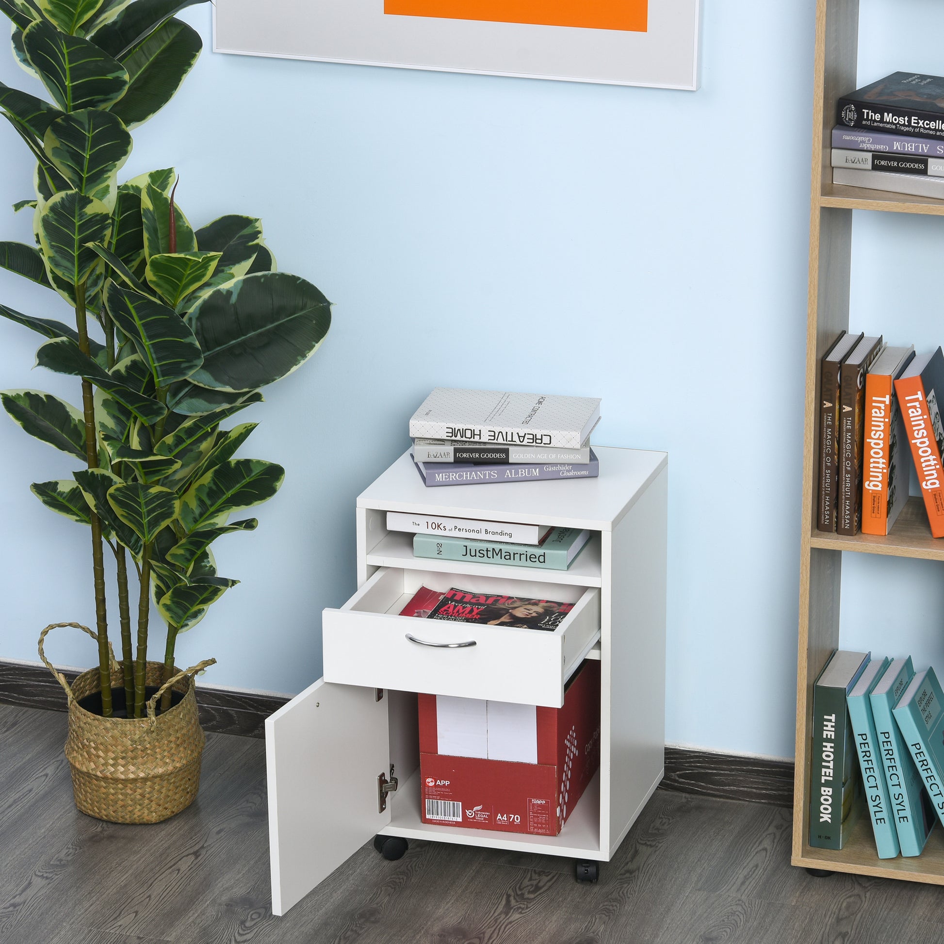 24" Small Filing Cabinet with Open Compartment, Drawer and Wheels, Home Office Storage Cabinet, White-Office Products > Office Furniture > Office Cabinets & Cupboards-DECOROLALA