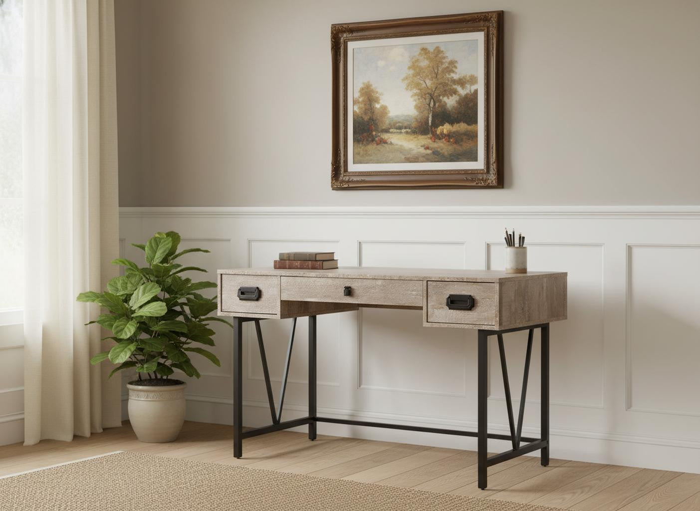 24" Taupe and Black Computer Desk With Three Drawers-Desks-DECOROLALA