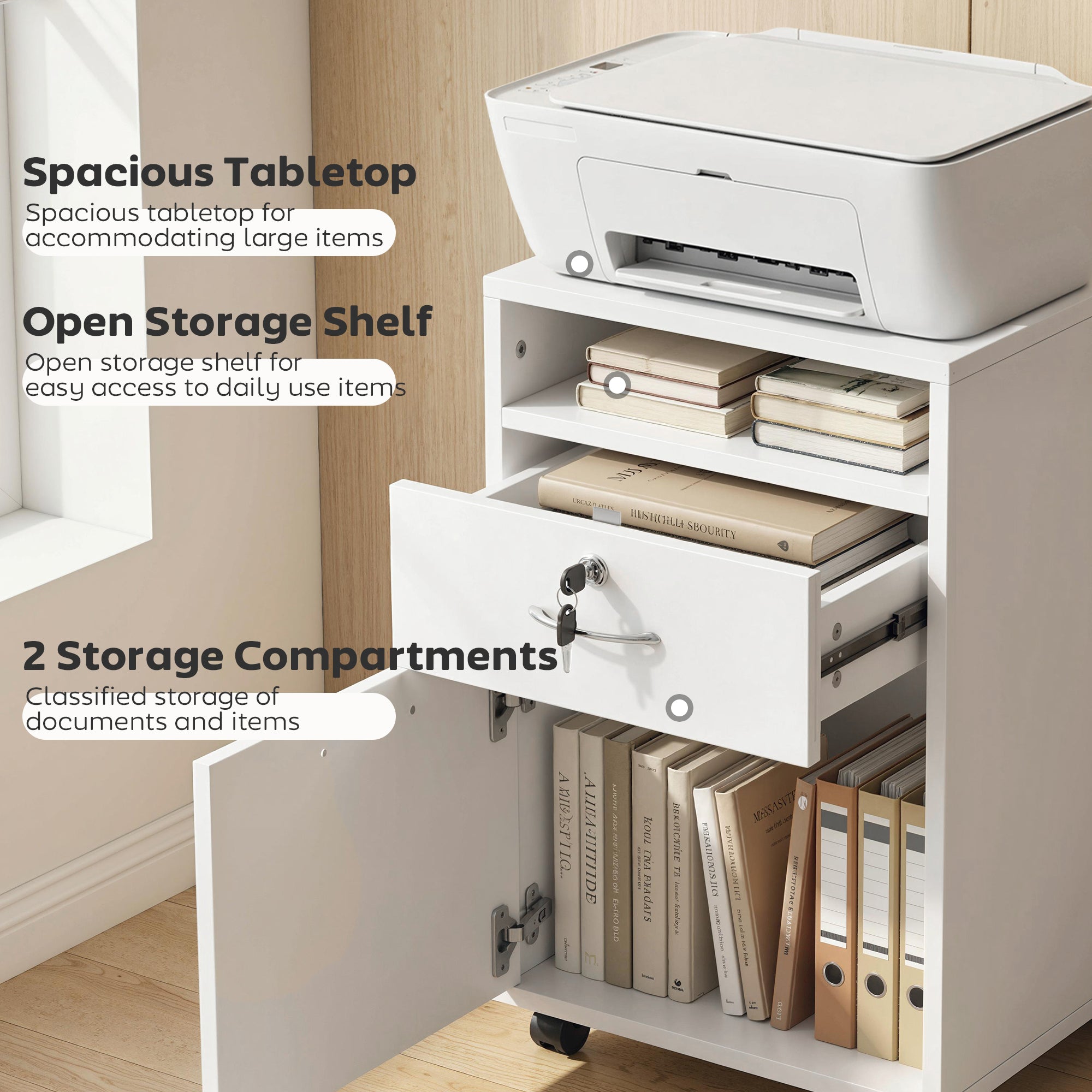 24" Vertical Filing Cabinet with Lockable Drawer, Mobile File Cabinet with 2 Keys, Wheels for Home Office, White-Office Products > Office Furniture > Office Cabinets & Cupboards-DECOROLALA