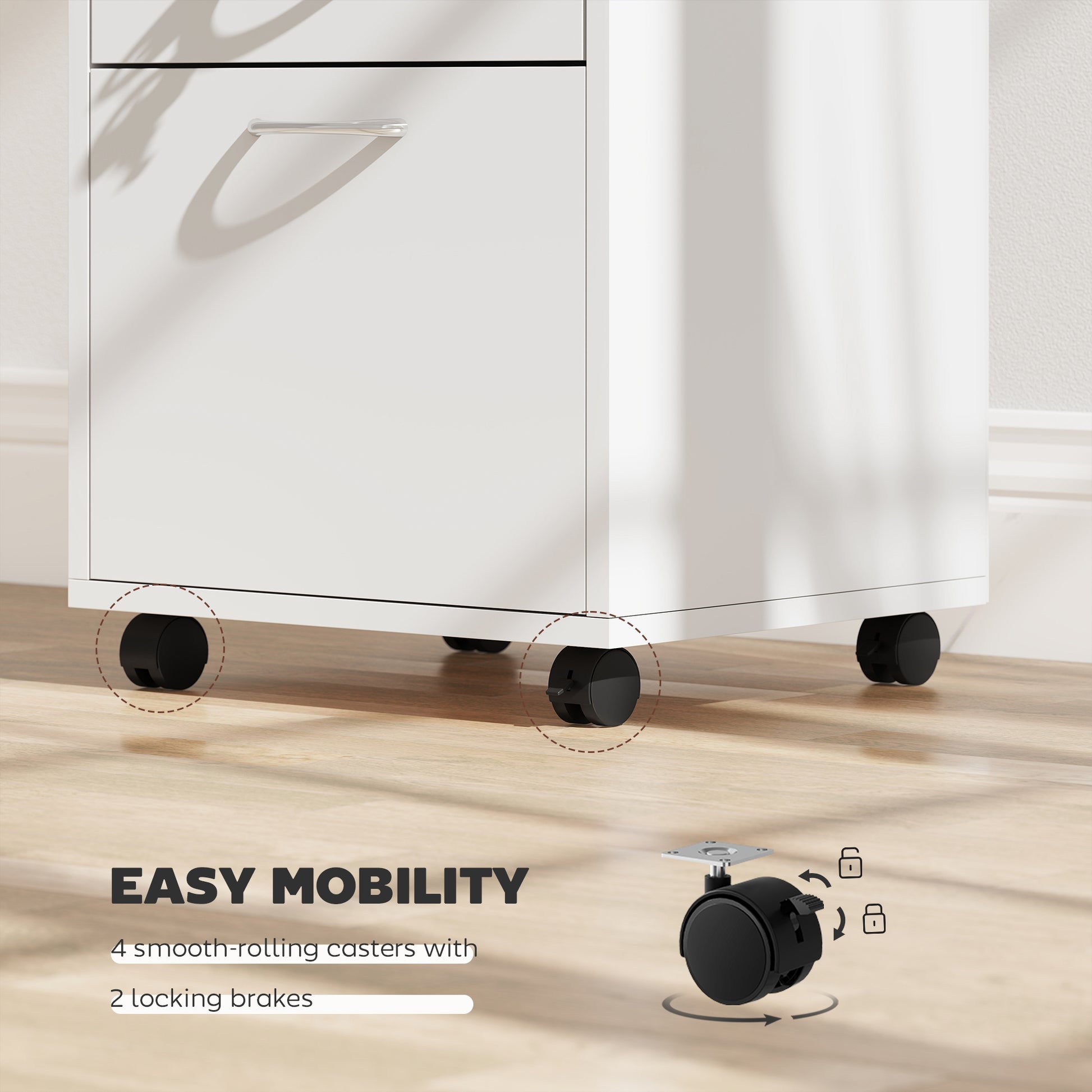 24" Vertical Filing Cabinet with Lockable Drawer, Mobile File Cabinet with 2 Keys, Wheels for Home Office, White-Office Products > Office Furniture > Office Cabinets & Cupboards-DECOROLALA