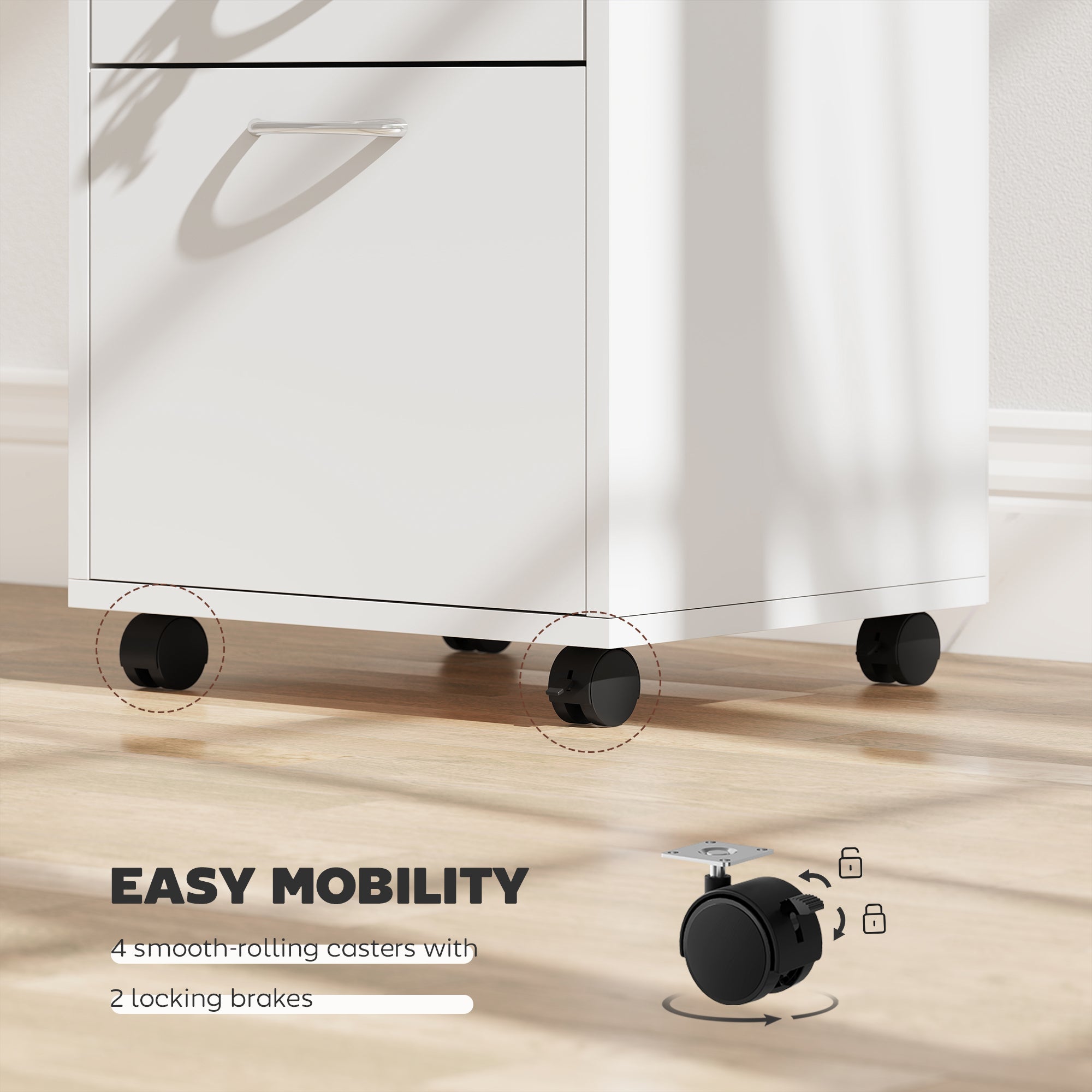 24" Vertical Filing Cabinet with Lockable Drawer, Mobile File Cabinet with 2 Keys, Wheels for Home Office, White-Office Products > Office Furniture > Office Cabinets & Cupboards-DECOROLALA