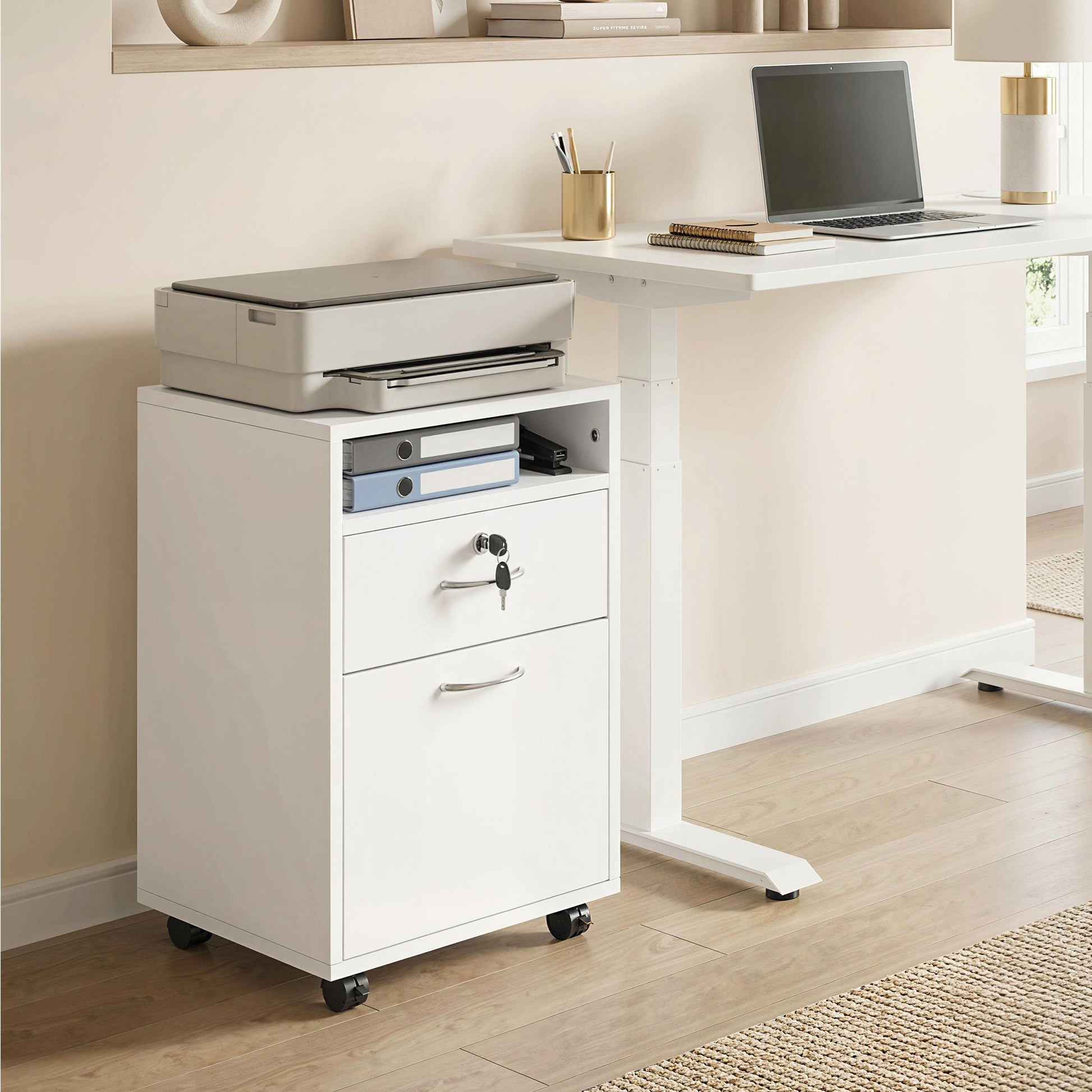 24" Vertical Filing Cabinet with Lockable Drawer, Mobile File Cabinet with 2 Keys, Wheels for Home Office, White-Office Products > Office Furniture > Office Cabinets & Cupboards-DECOROLALA
