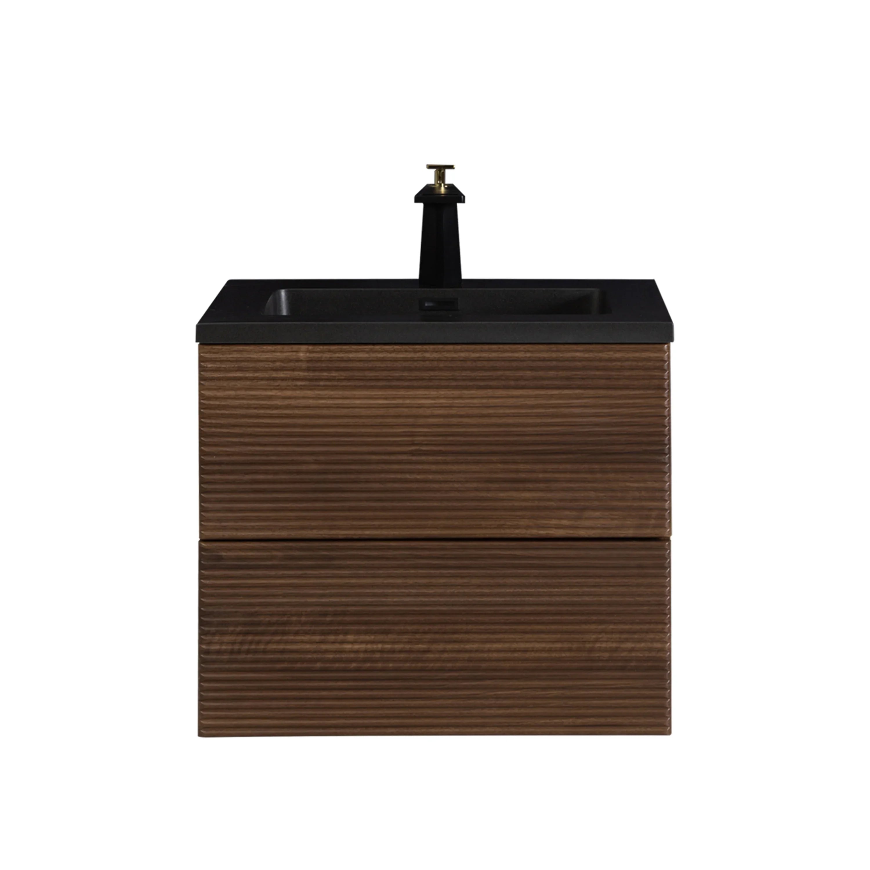 24" Walnut Wall Mount Bathroom Vanity with Black Engineered Quartz Countertop