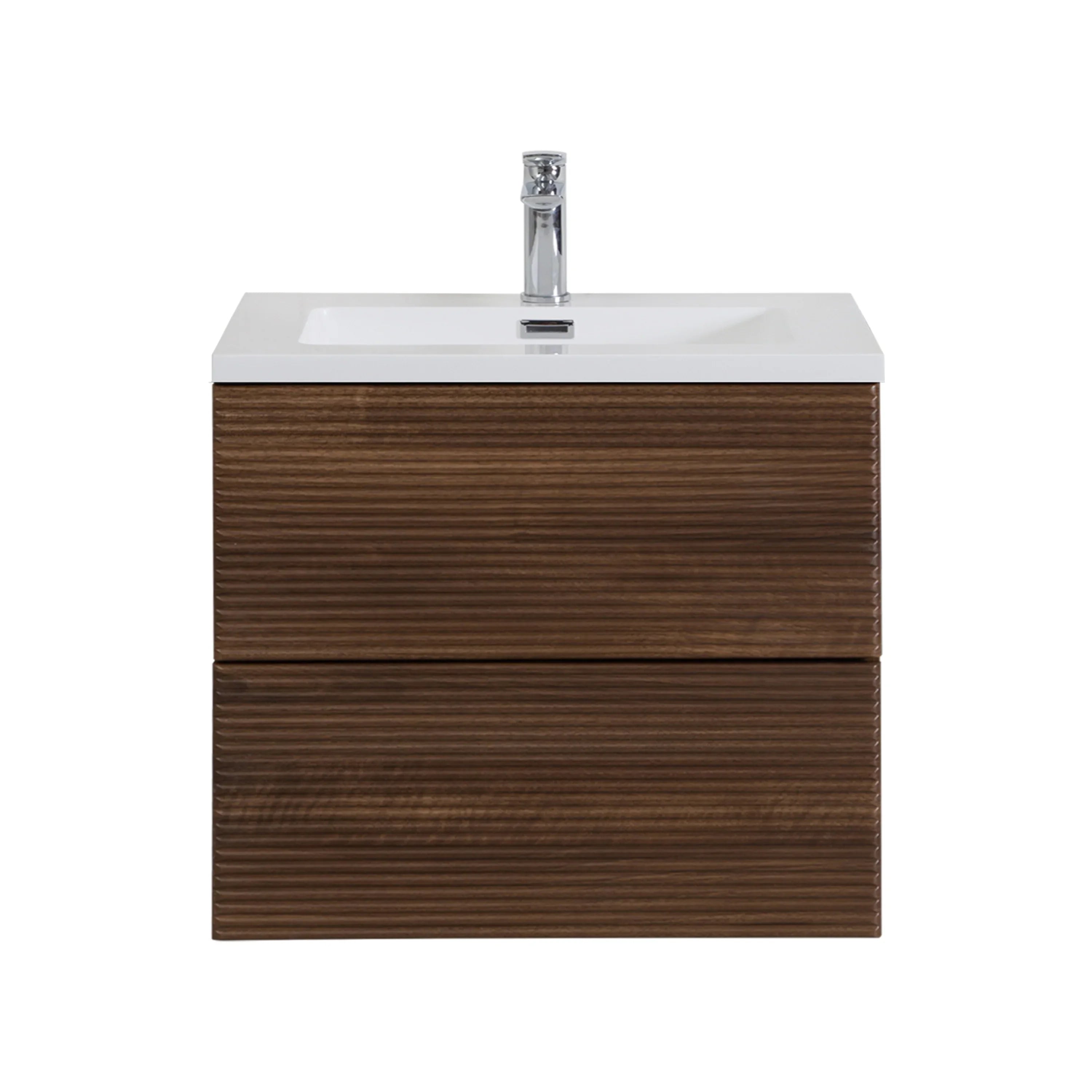 24" Walnut Wall Mount Bathroom Vanity with White Polymarble Countertop