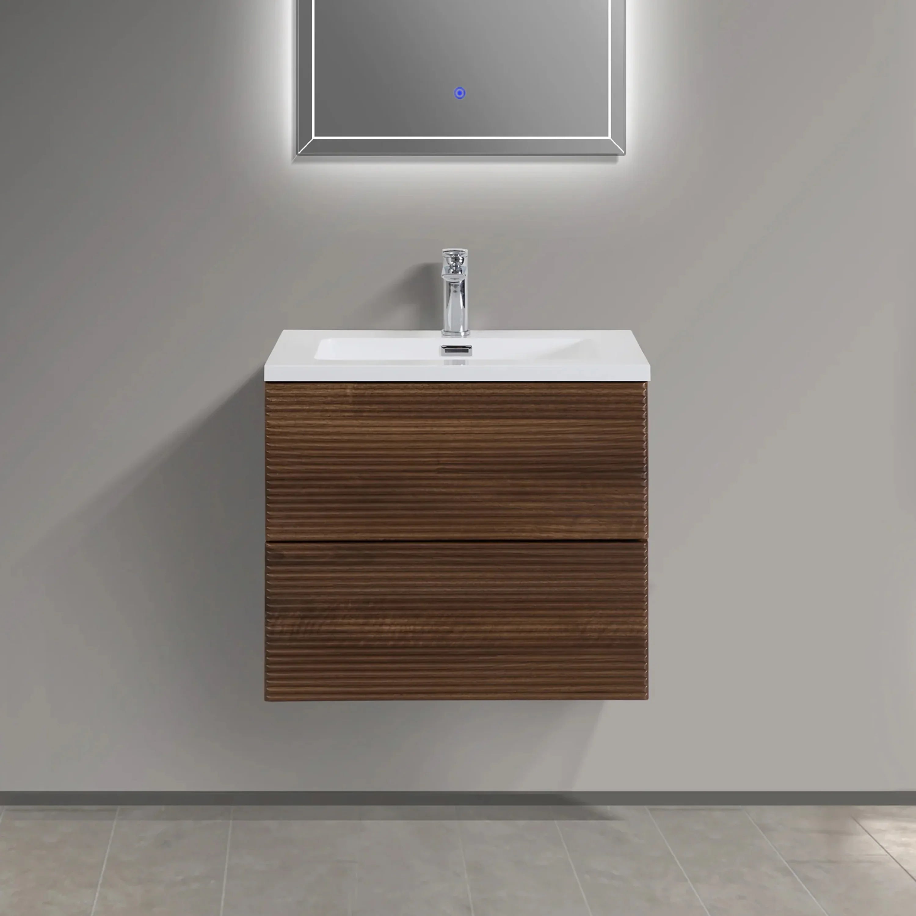 24" Walnut Wall Mount Bathroom Vanity with White Polymarble Countertop