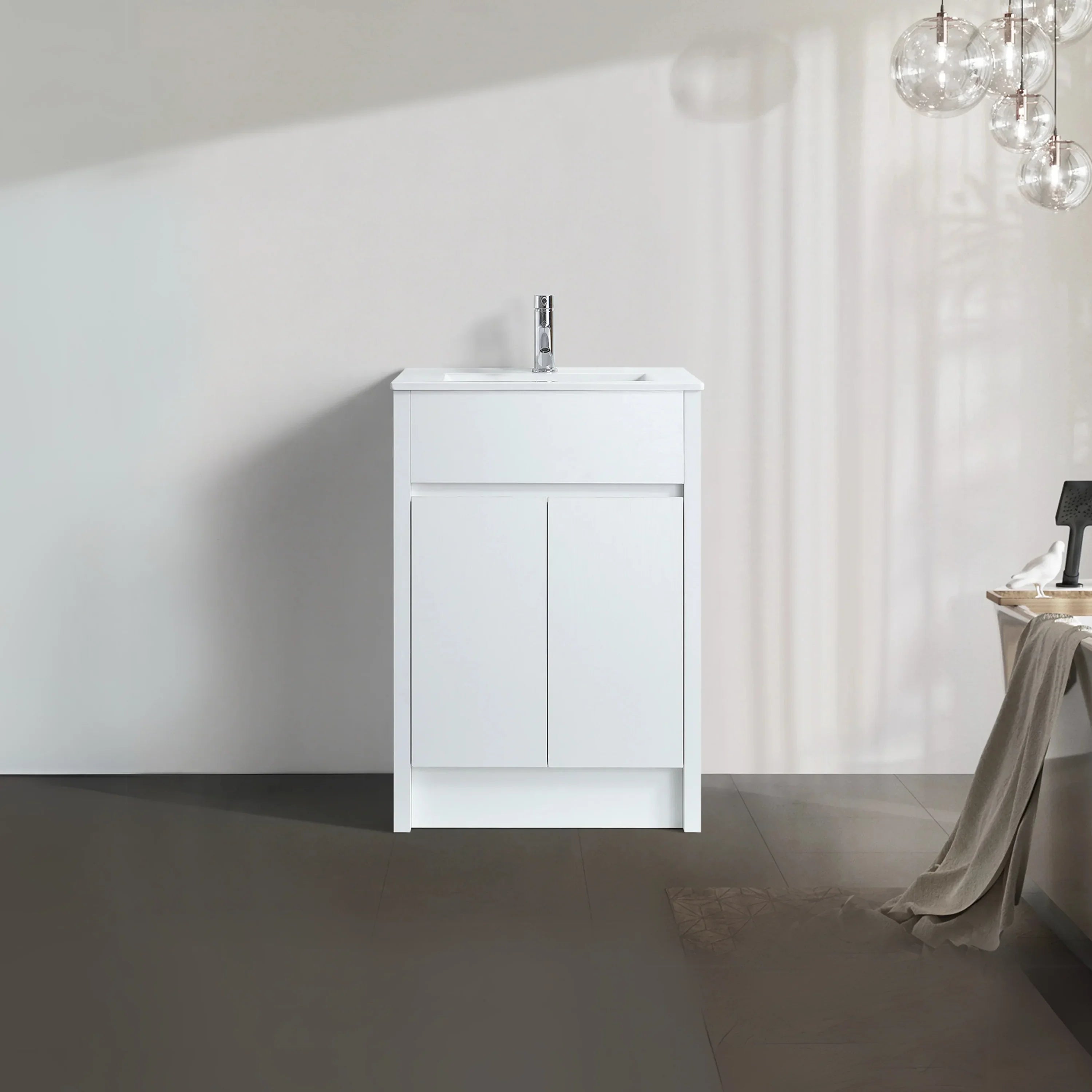 24" White Oak Freestanding Bathroom Vanity with White Ceramic Countertop