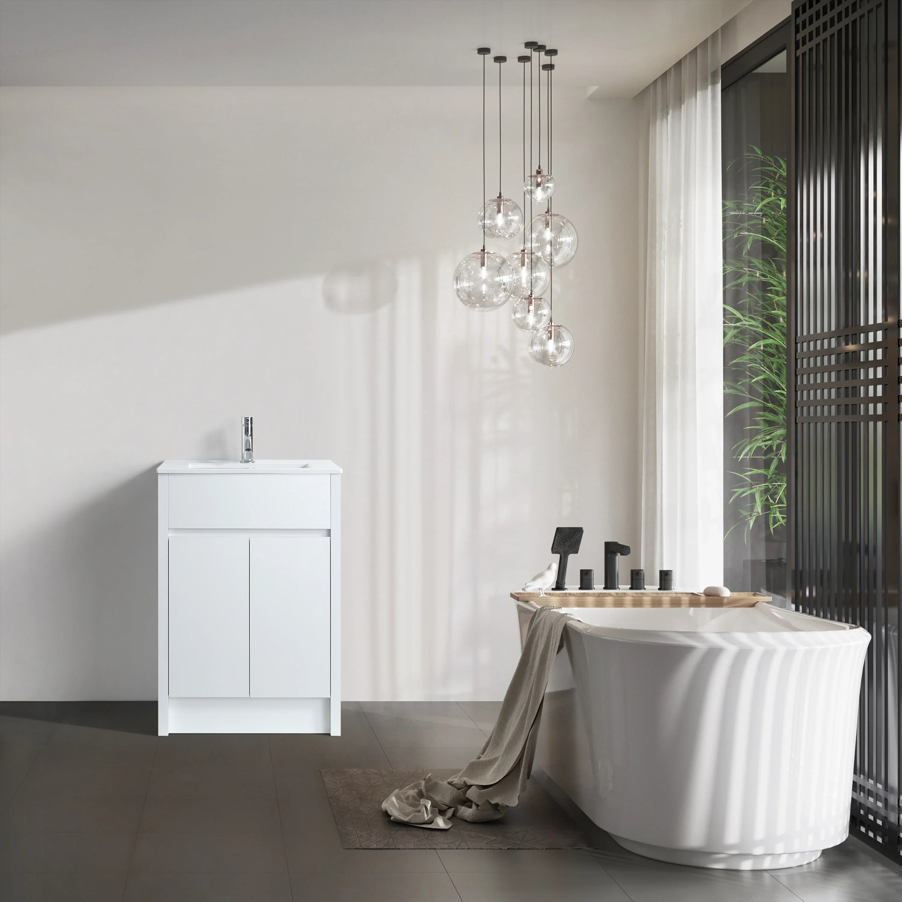 24" White Oak Freestanding Bathroom Vanity with White Ceramic Countertop
