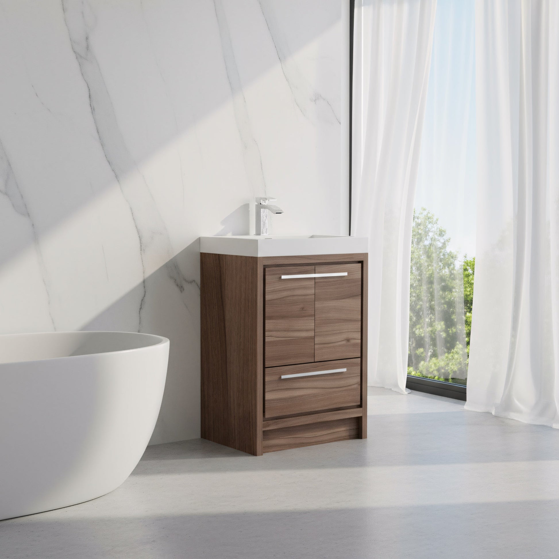 24" Walnut Freestanding Bathroom Vanity with White Polymarble Countertop-Migration_Bathroom Vanities-DECOROLALA